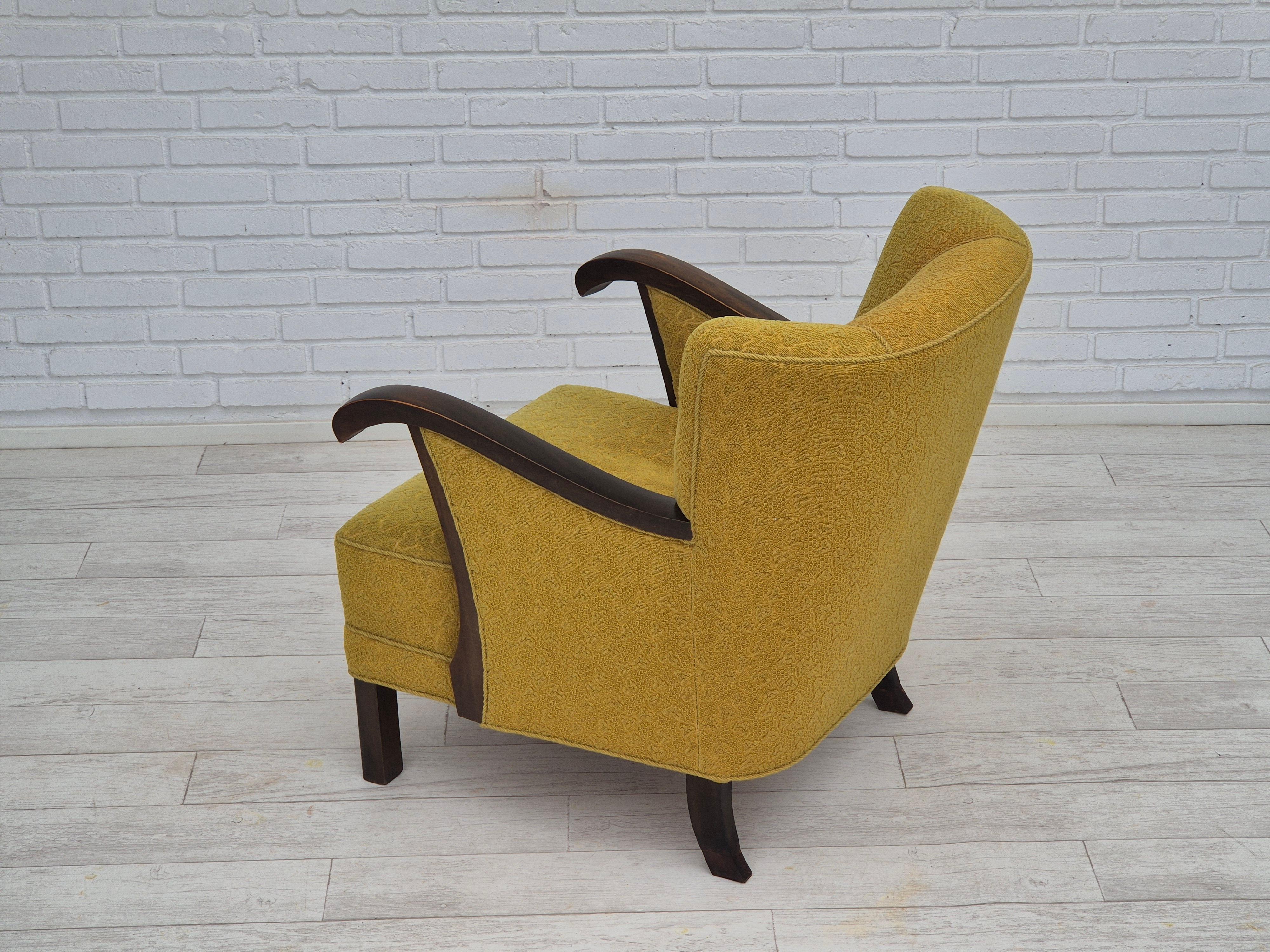 Wool 1950s, Danish vintage chair, light green wool fabric, beech wood. For Sale