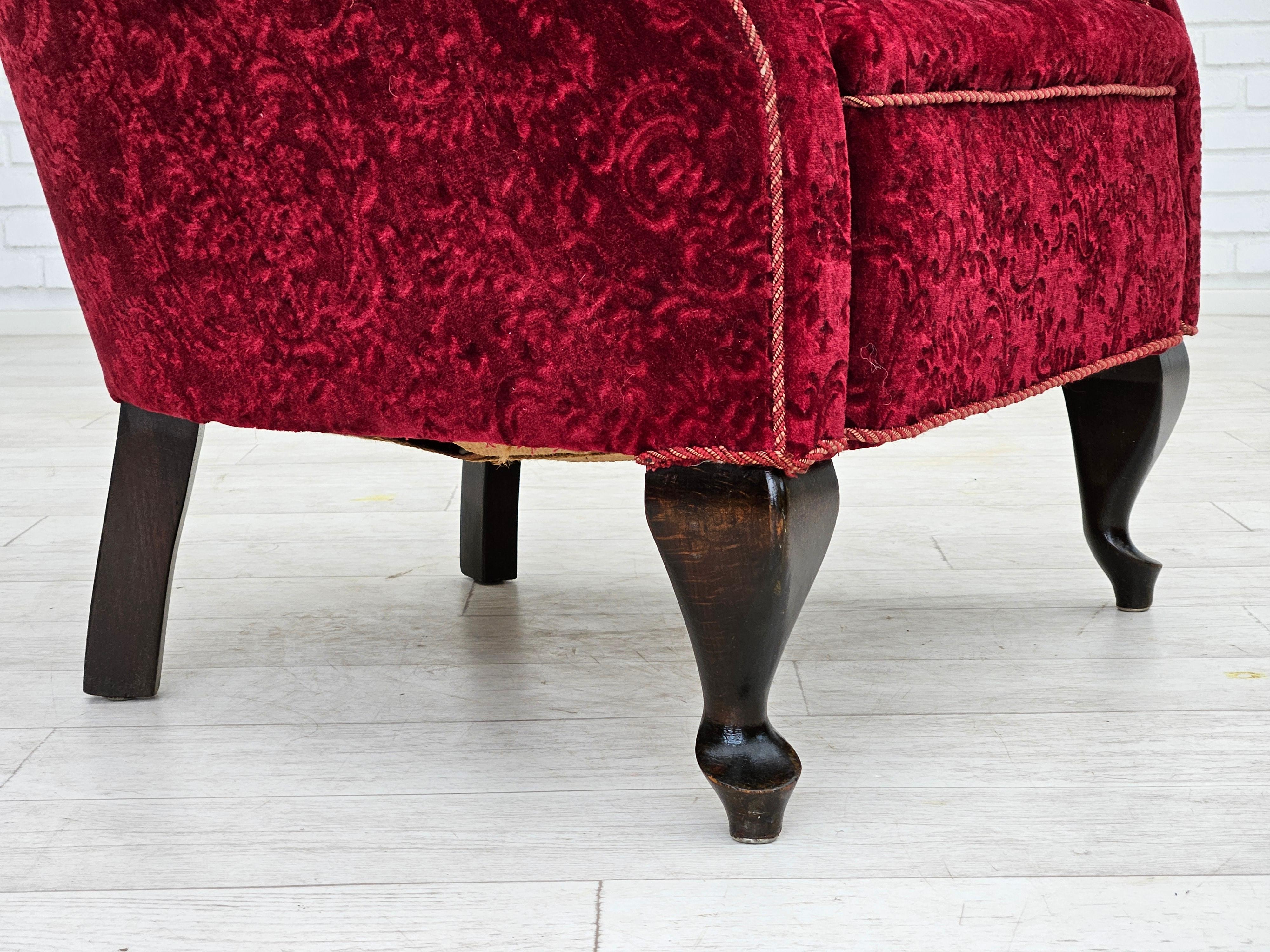 1950s, Danish vintage chair, red cotton/wool fabric, beech wood. For Sale 6