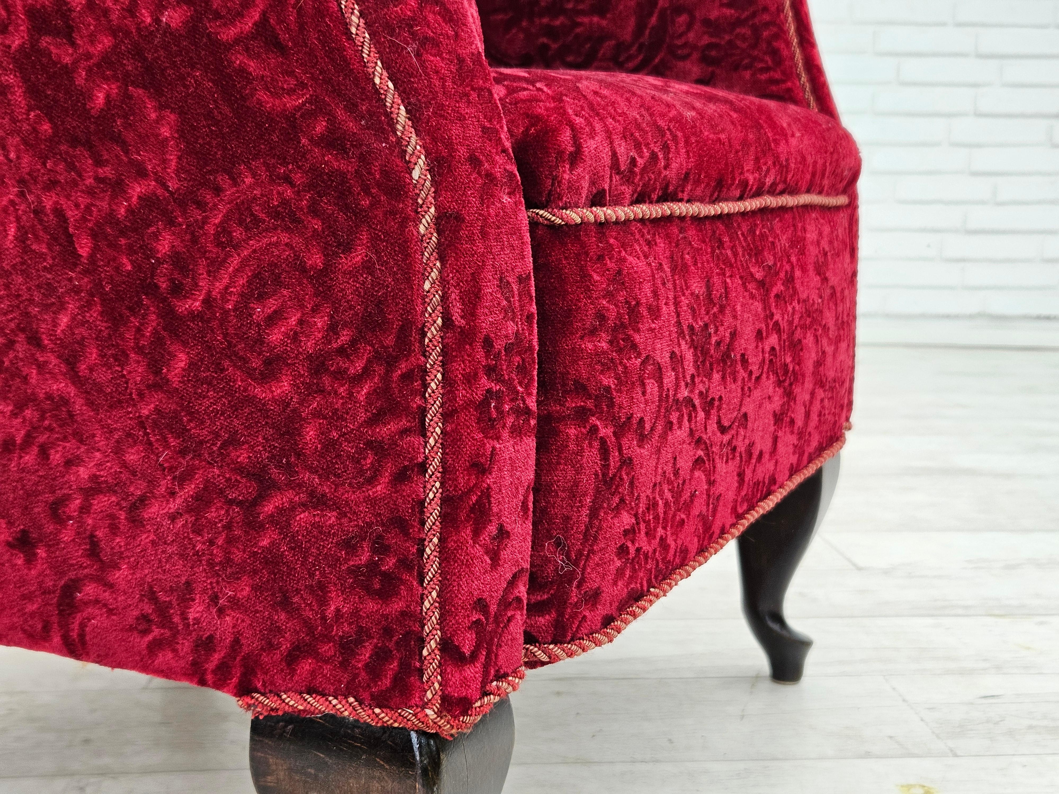 1950s, Danish vintage chair, red cotton/wool fabric, beech wood. For Sale 7
