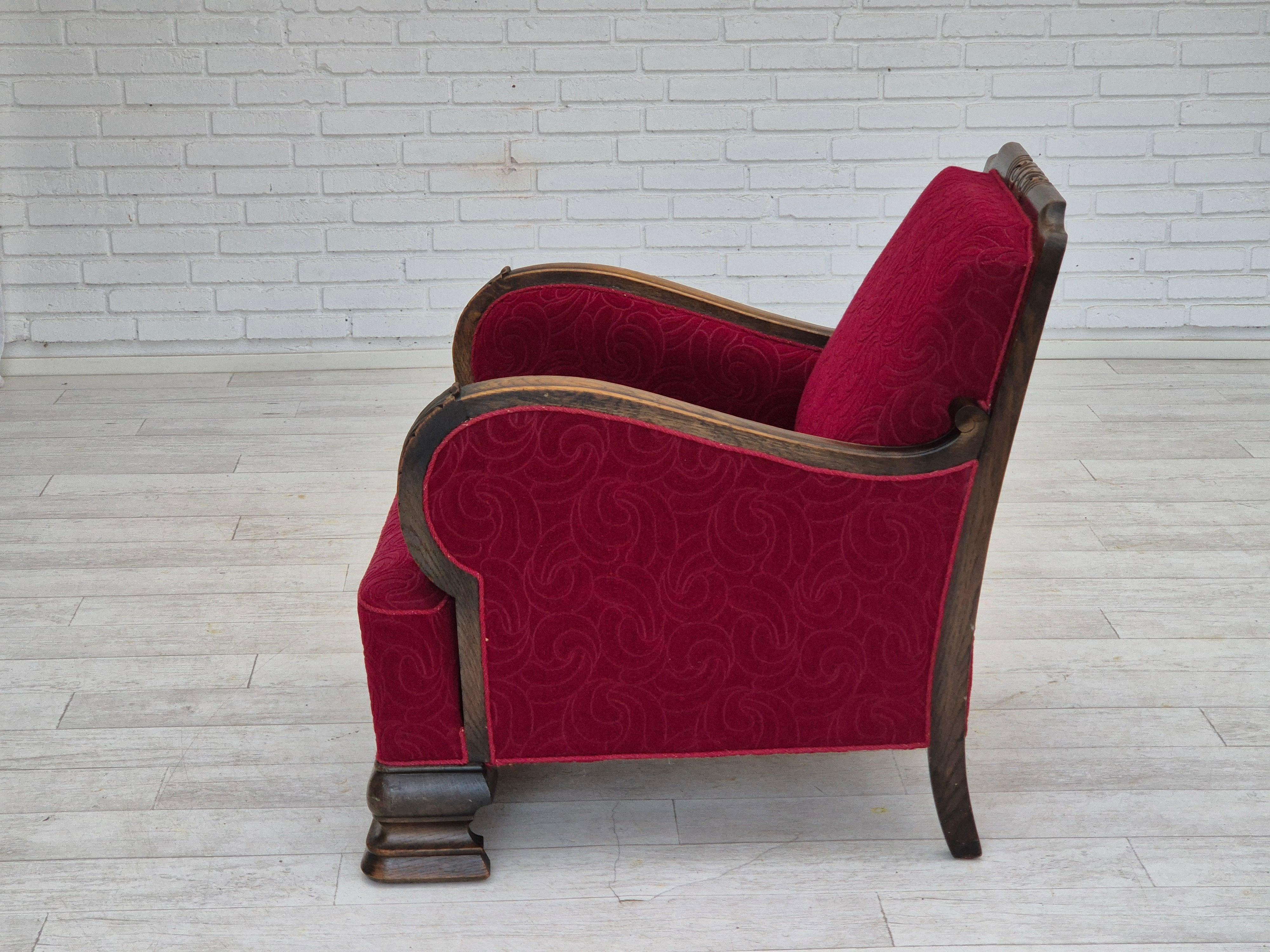 1950s, Danish vintage relax armchair, furniture fabric, oak wood, original. For Sale 11