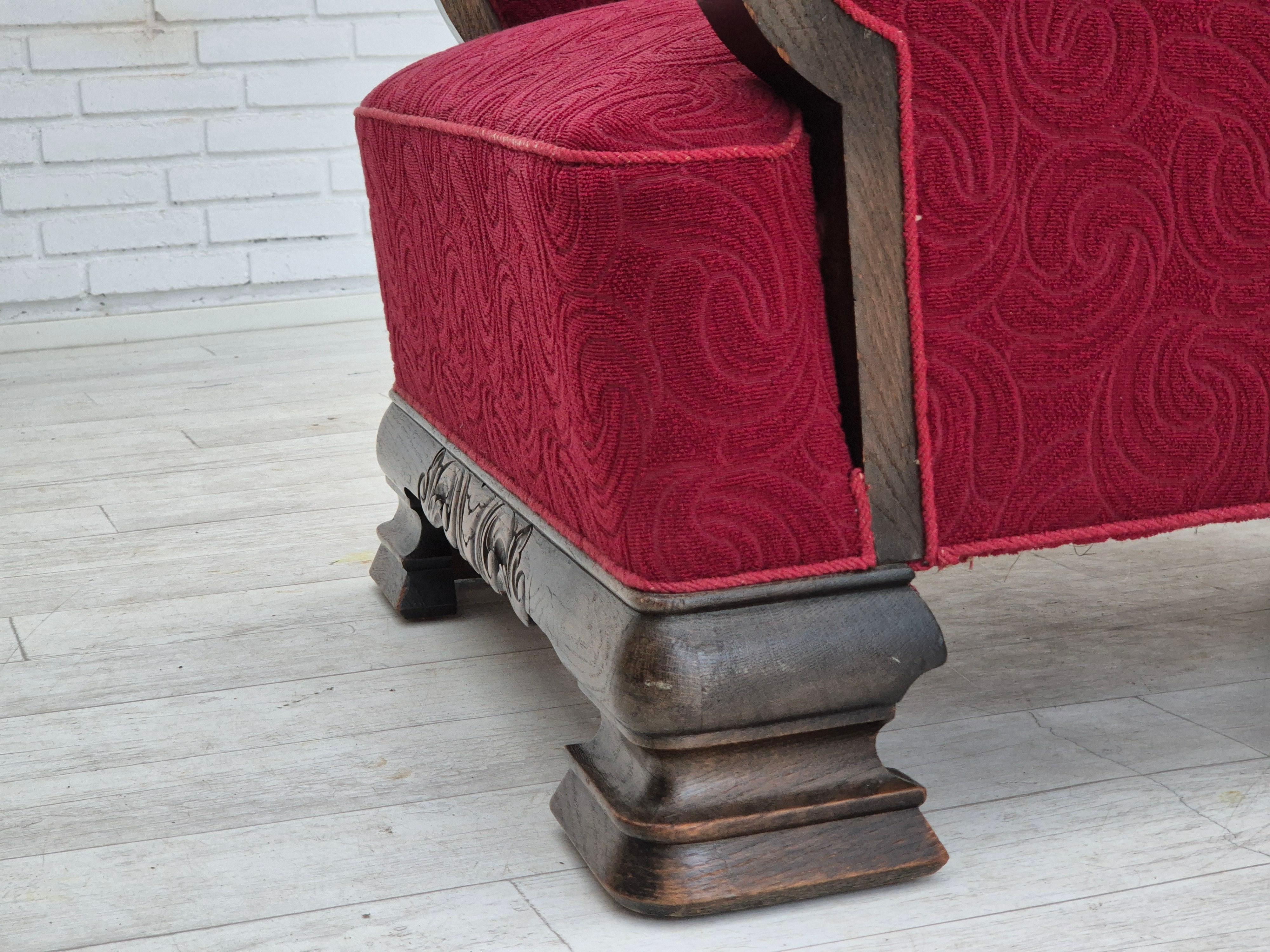 1950s, Danish vintage relax armchair, furniture fabric, oak wood, original. For Sale 12