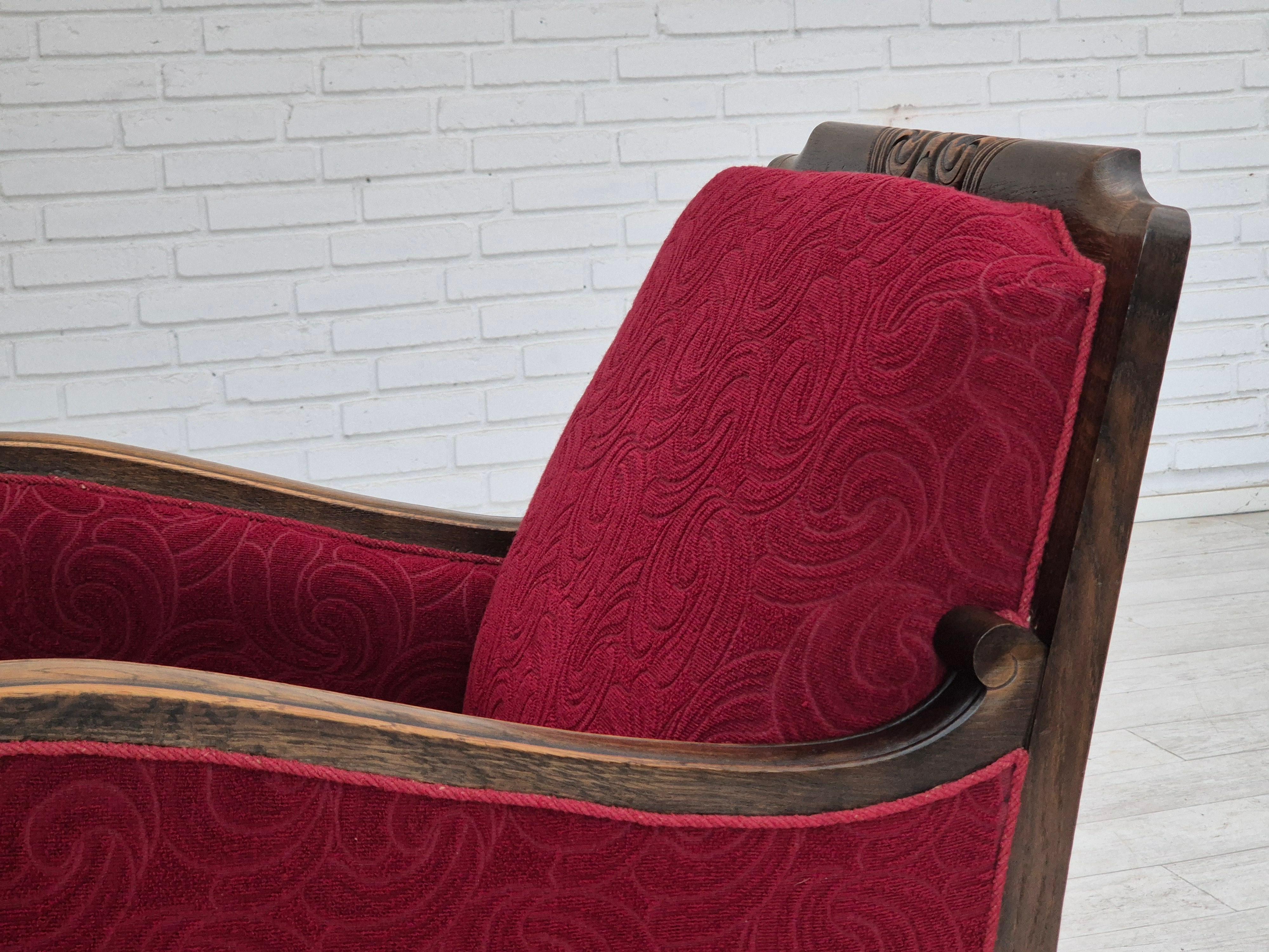 1950s, Danish vintage relax armchair, furniture fabric, oak wood, original. For Sale 13