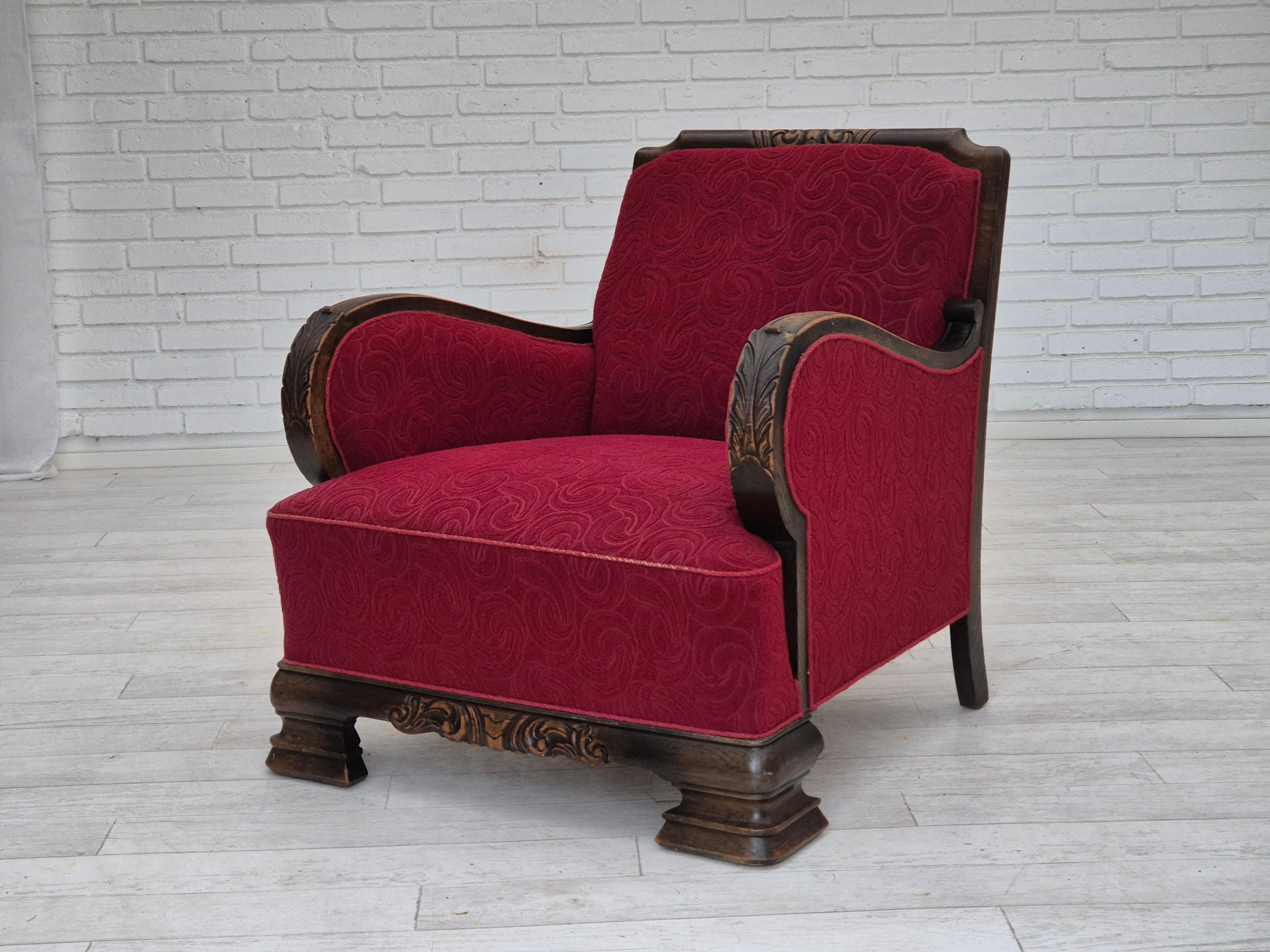 1950s, Danish vintage relax armchair, furniture fabric, oak wood, original. For Sale 14