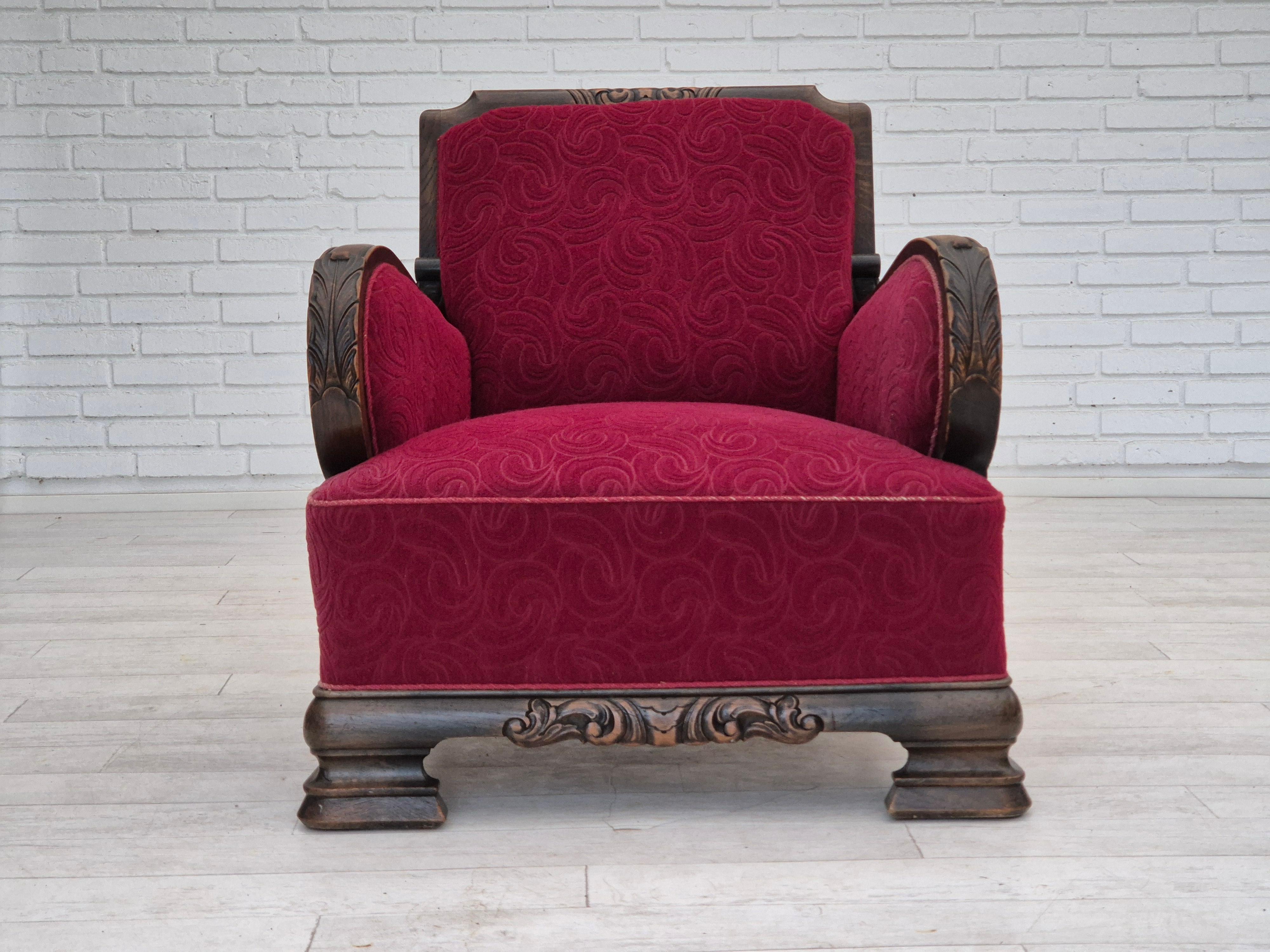 Scandinavian Modern 1950s, Danish vintage relax armchair, furniture fabric, oak wood, original. For Sale