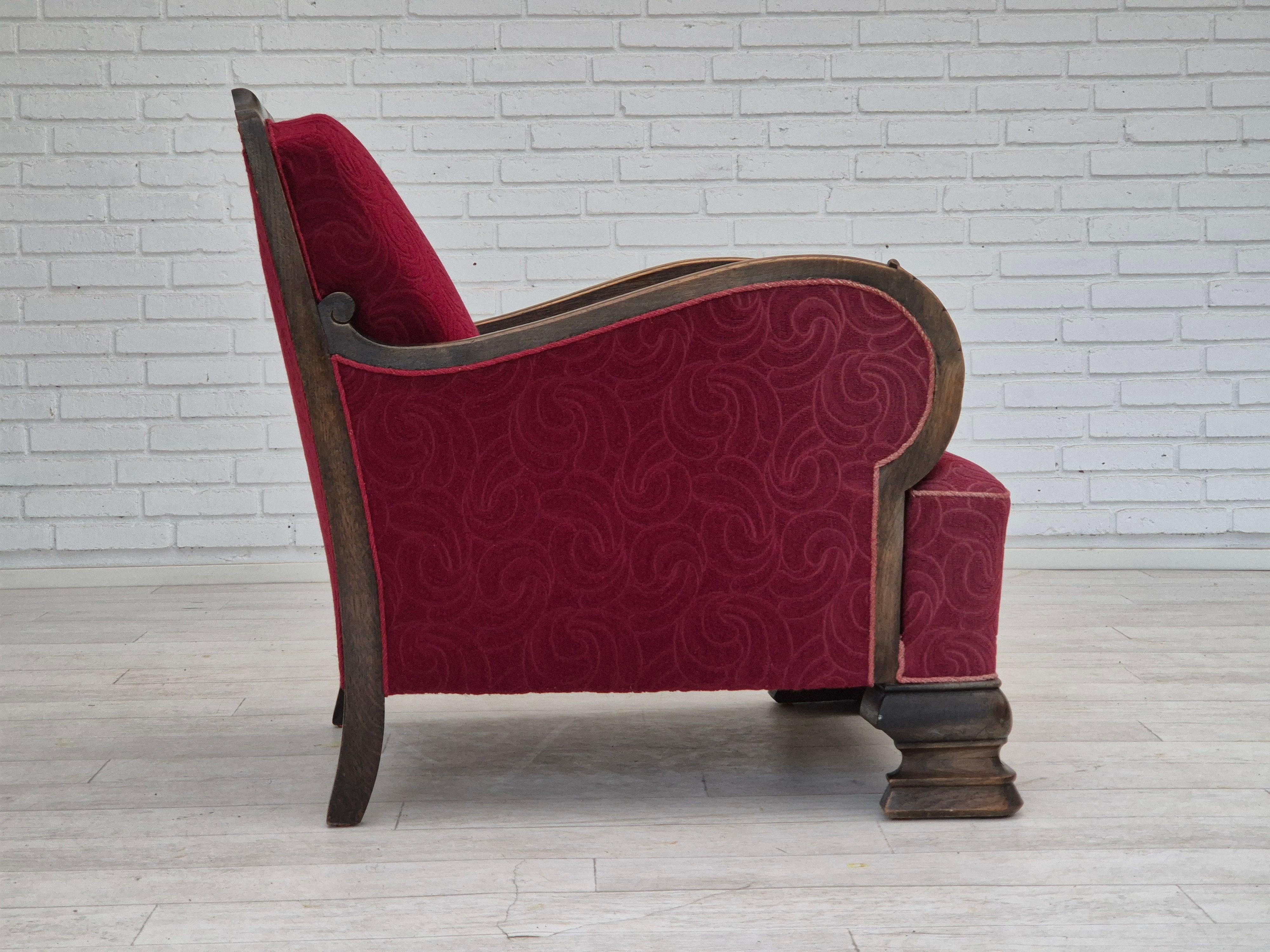 Mid-20th Century 1950s, Danish vintage relax armchair, furniture fabric, oak wood, original. For Sale