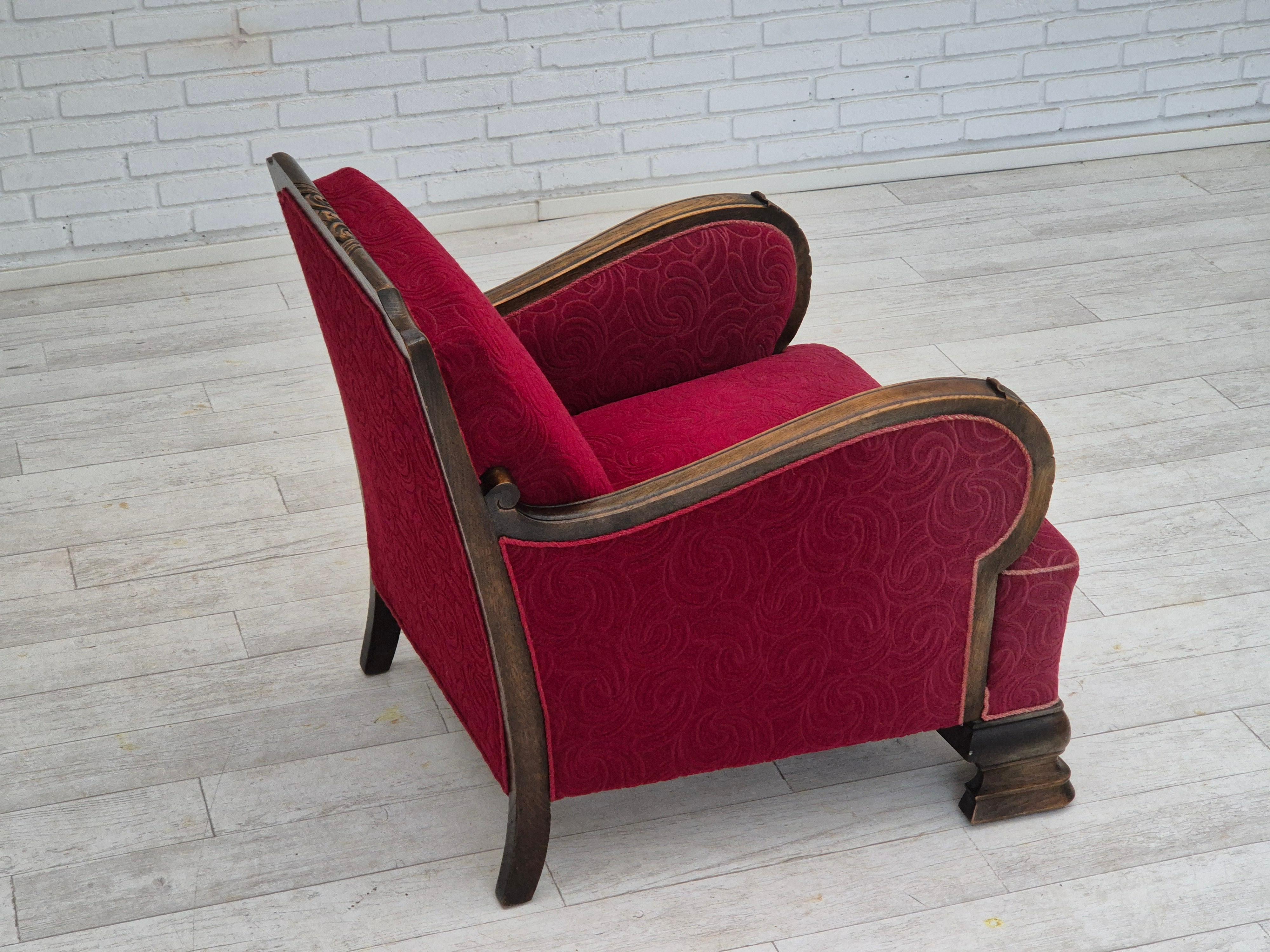 Fabric 1950s, Danish vintage relax armchair, furniture fabric, oak wood, original. For Sale