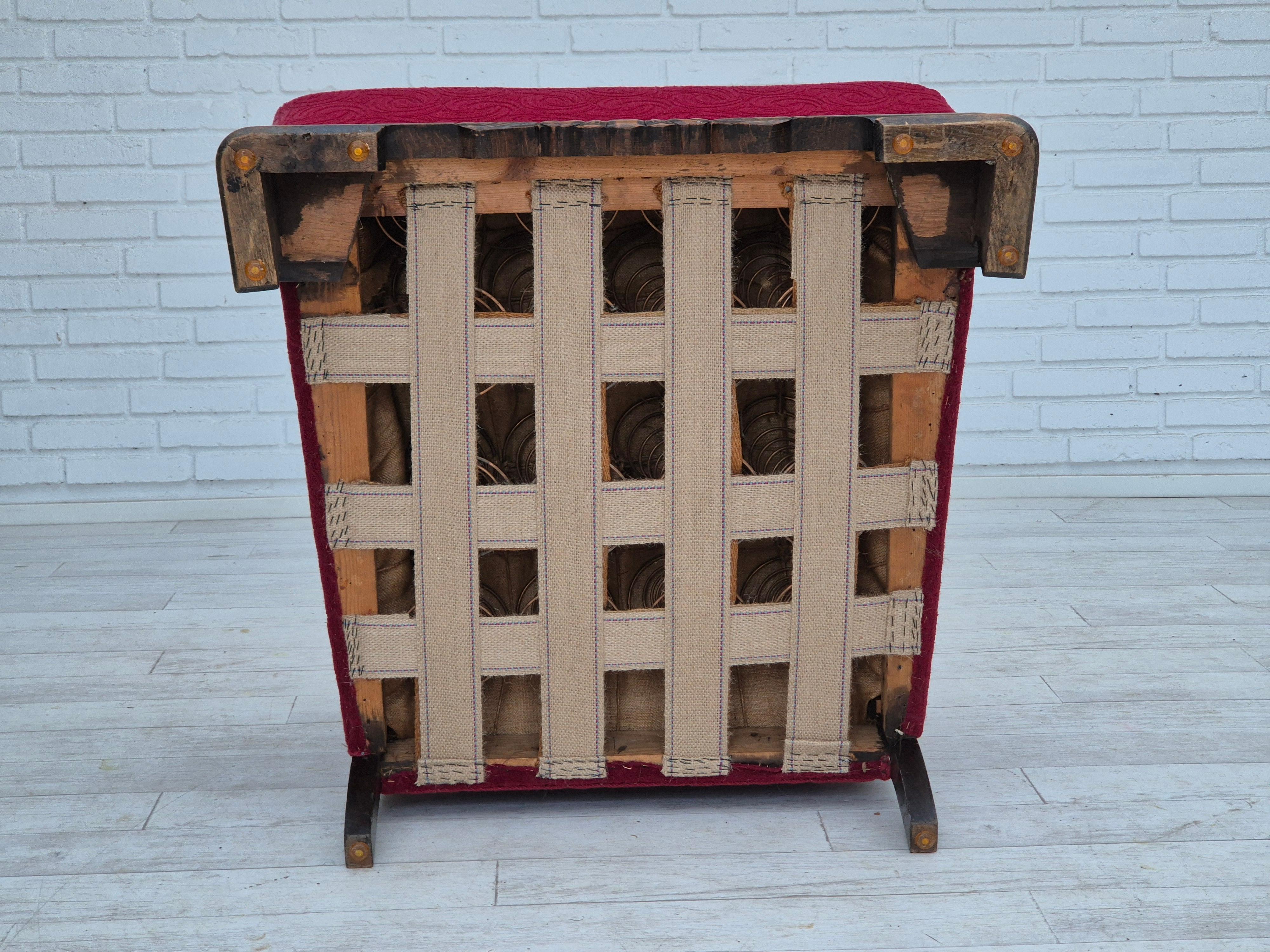 1950s, Danish vintage relax armchair, furniture fabric, oak wood, original. For Sale 3