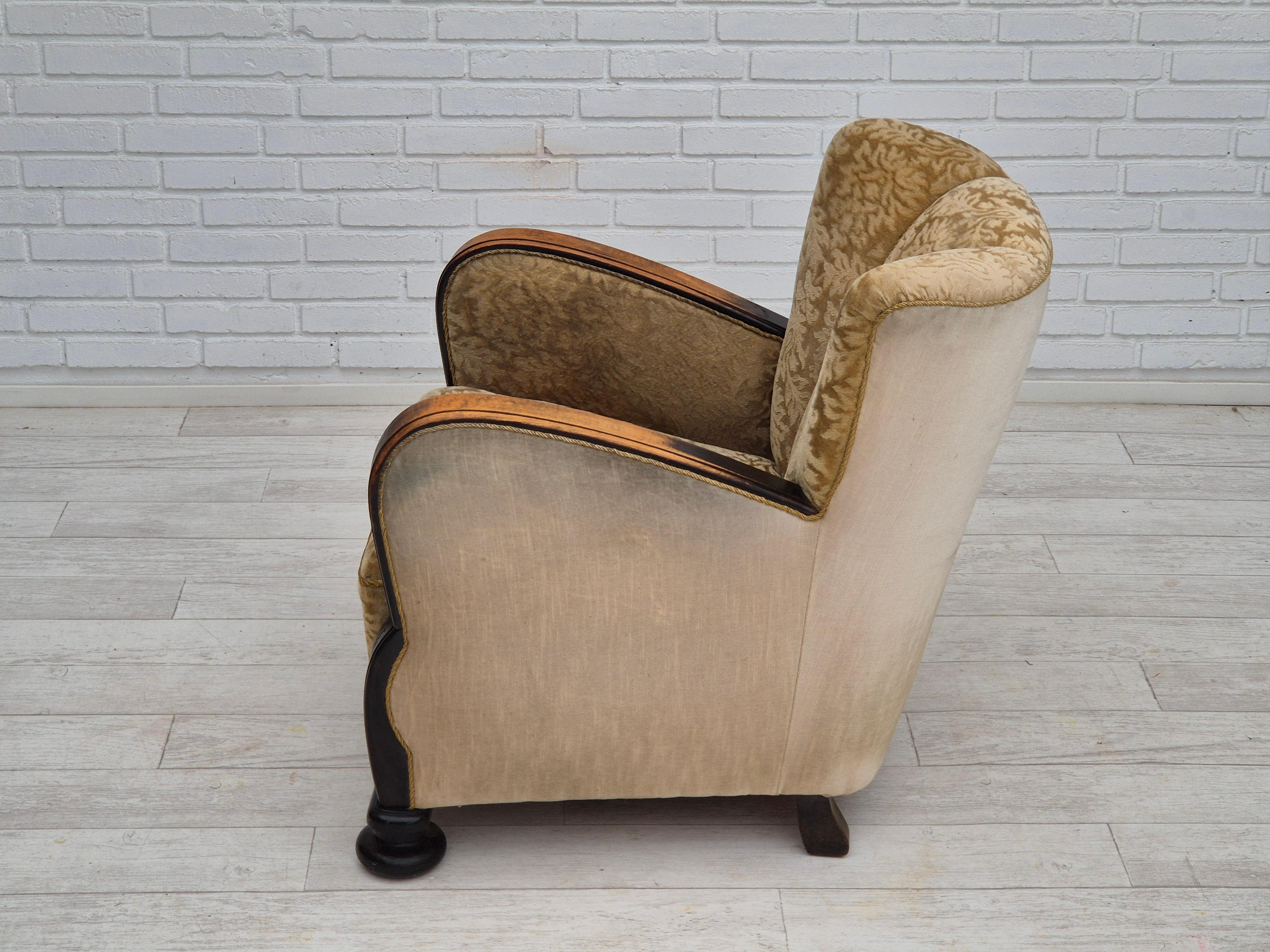 Velours 1950s, Danish vintage relax armchair, furniture velour, ash wood. en vente
