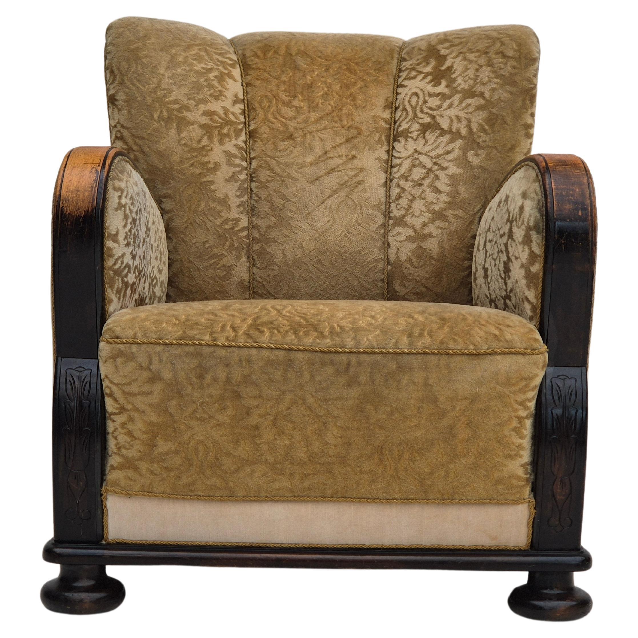 1950s, Danish vintage relax armchair, furniture velour, ash wood.