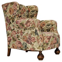 1950s, Danish vintage relax chair in "flowers" fabric, original condition.
