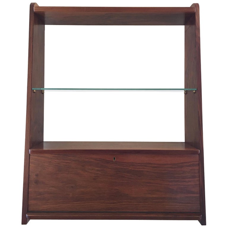1950s Danish Walnut Wall Mounted Shelf Cabinet