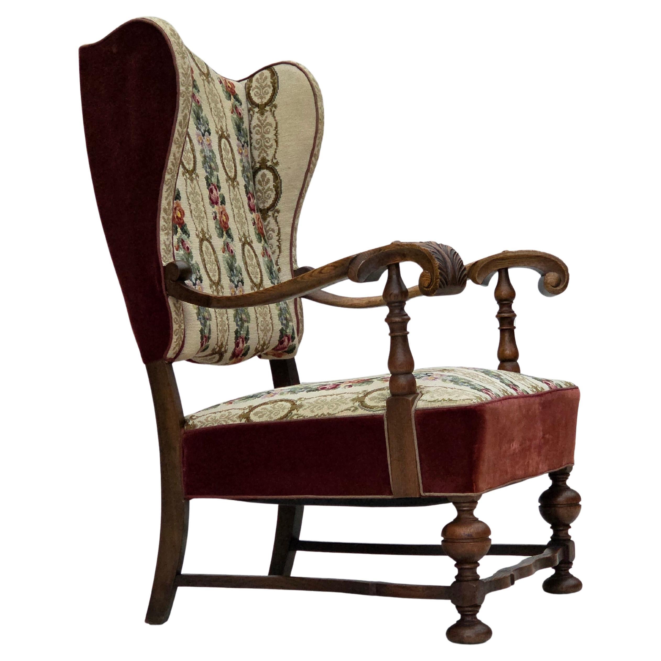 Années 50, fauteuil à oreilles danois, tissu en laine, velours rouge pour meubles, bois de frêne.