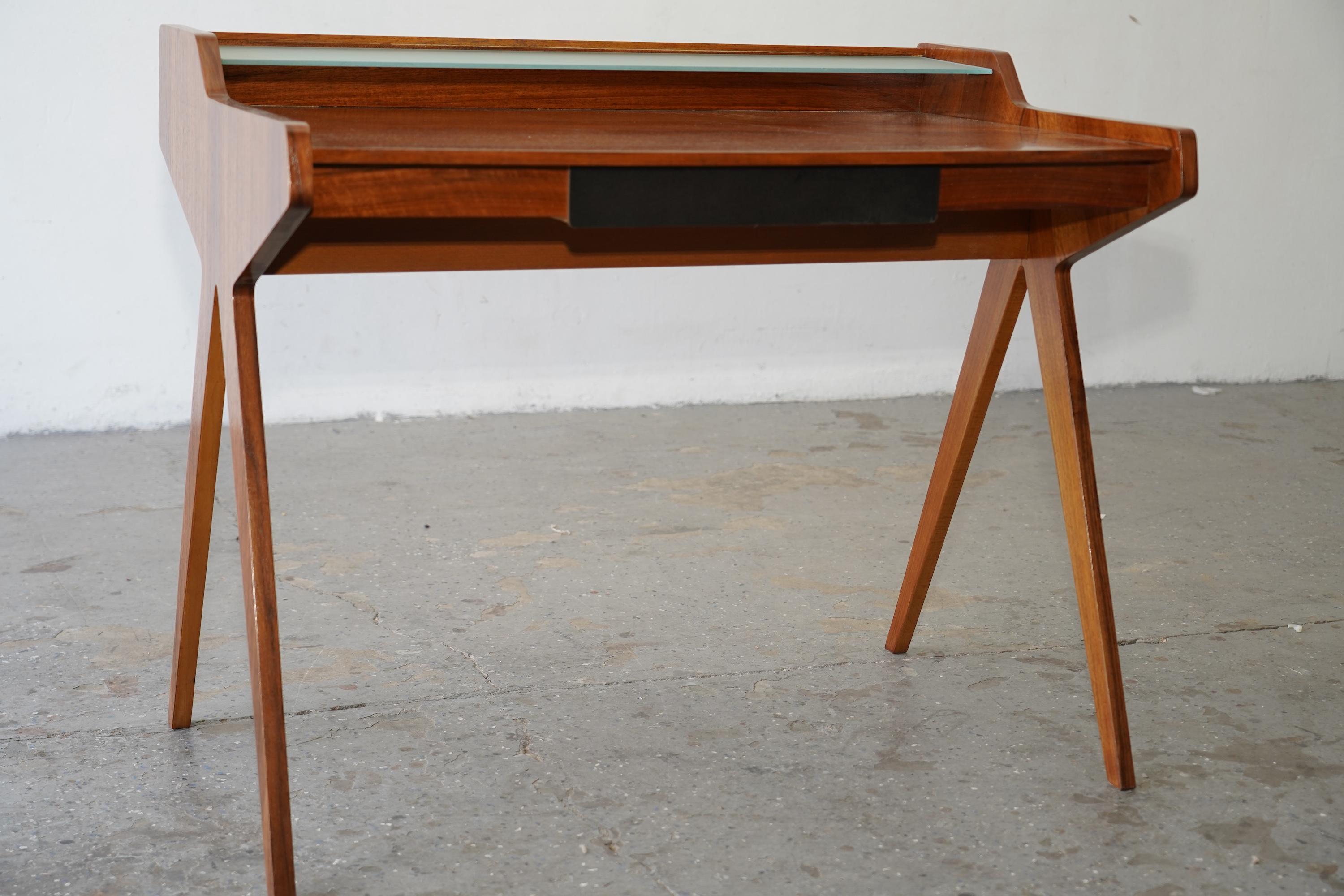 Glass 1950s Danish Writing Desk by Helmut Magg — Restored Design Classic For Sale