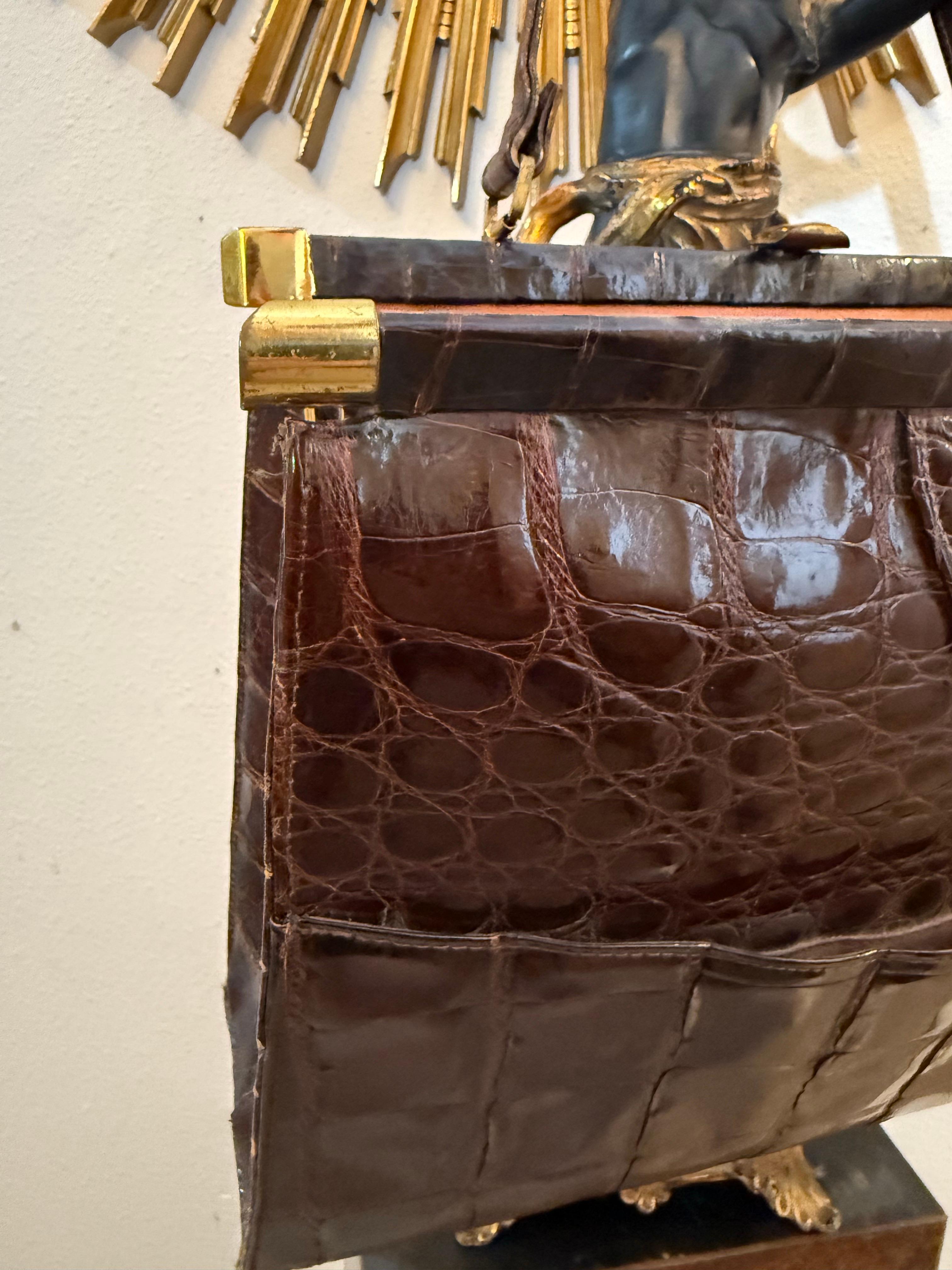 Women's 1950s Dark Brown Crocodile Handbag with Gold-Tone Hardware - Leather Lined For Sale