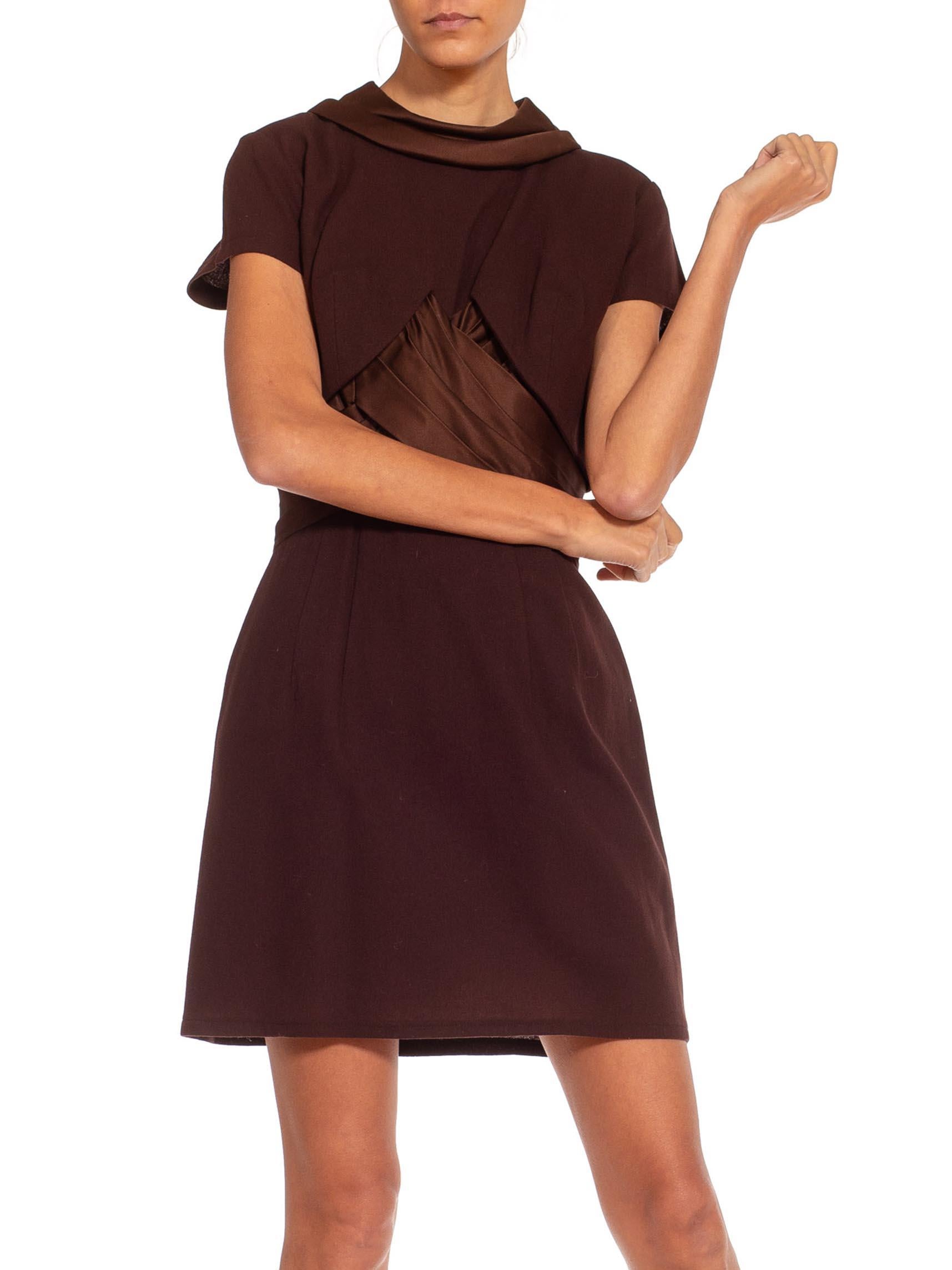 1950S Dark Chocolate Brown Silk & Wool Dress In Excellent Condition In New York, NY