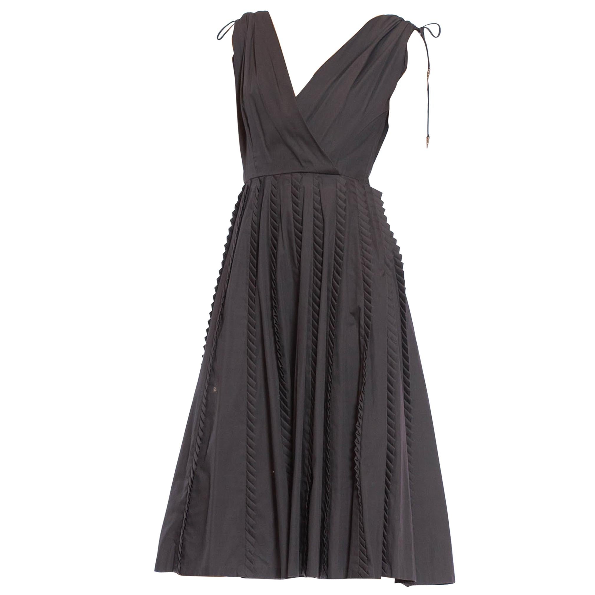 1950S Dark Grey Cotton Fit & Flare Dress With Unique Pleated Ruffles For Sale