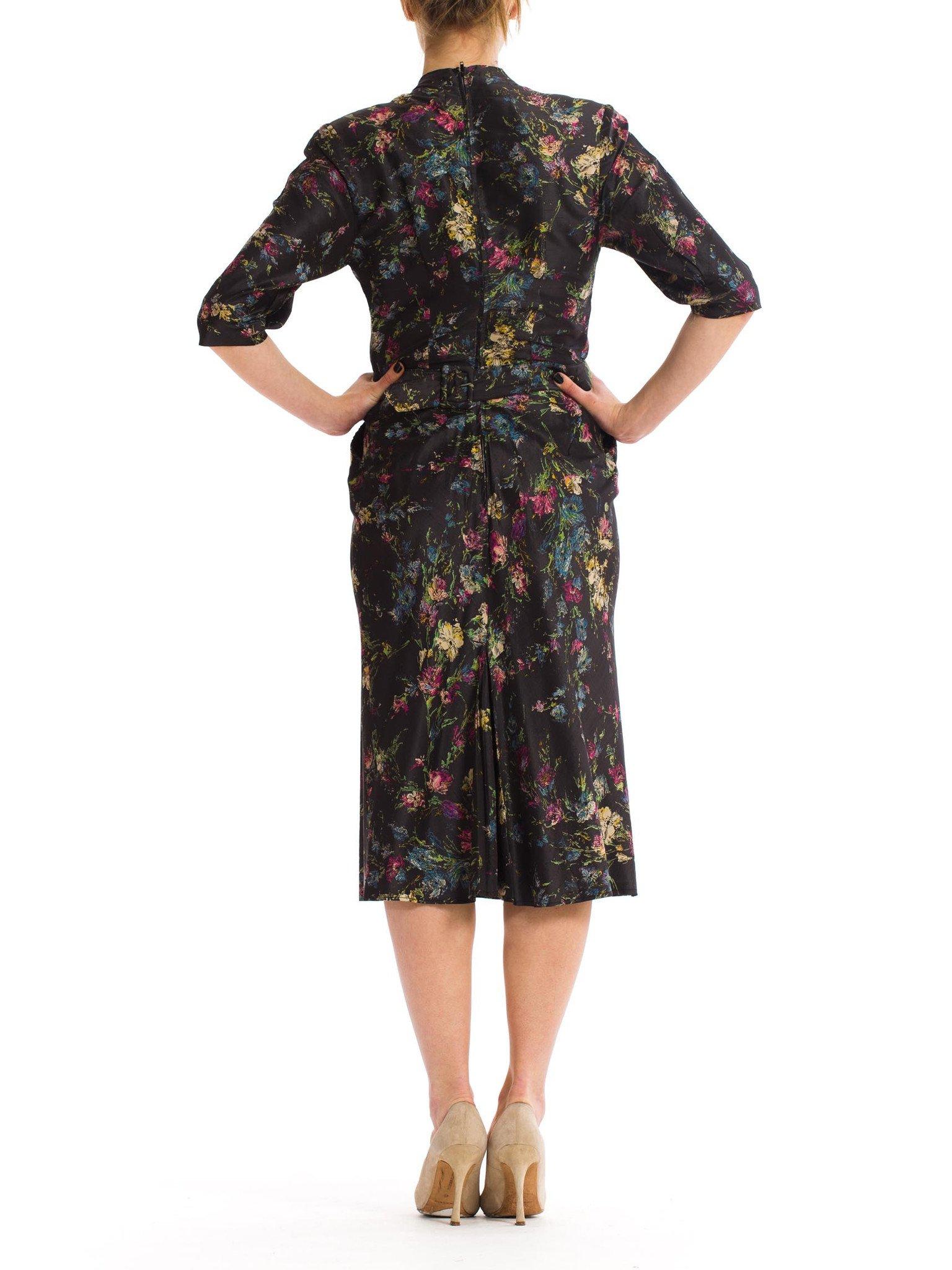 1950S Dark Grey Floral Silk Shantung Day To Night Dress With Belted Waist 1