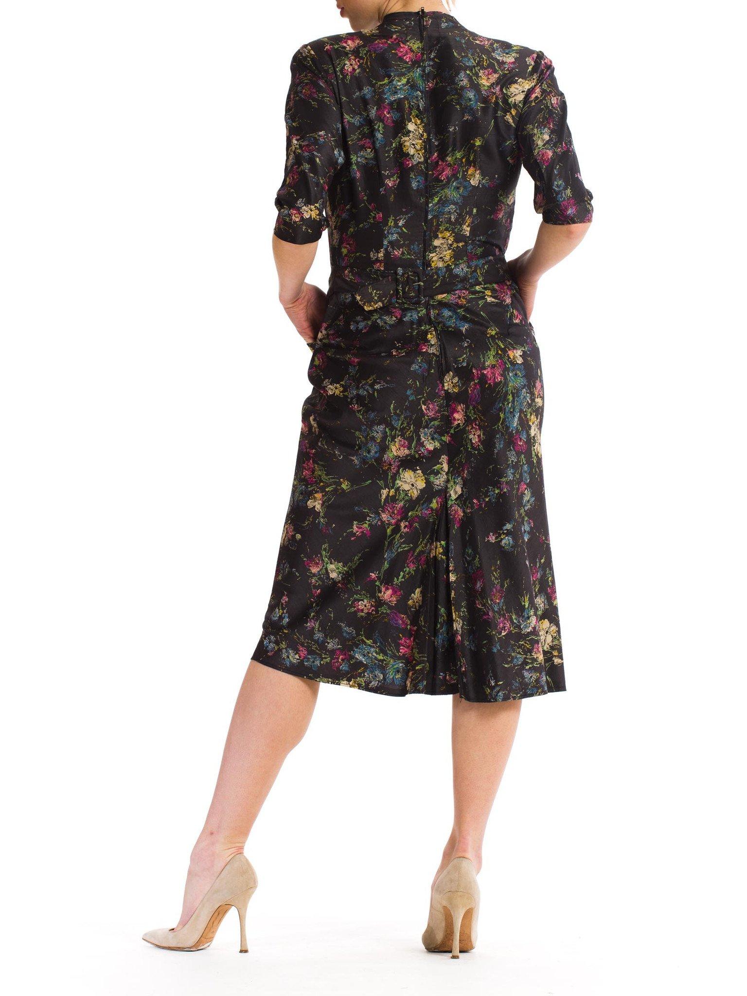 1950S Dark Grey Floral Silk Shantung Day To Night Dress With Belted Waist 2