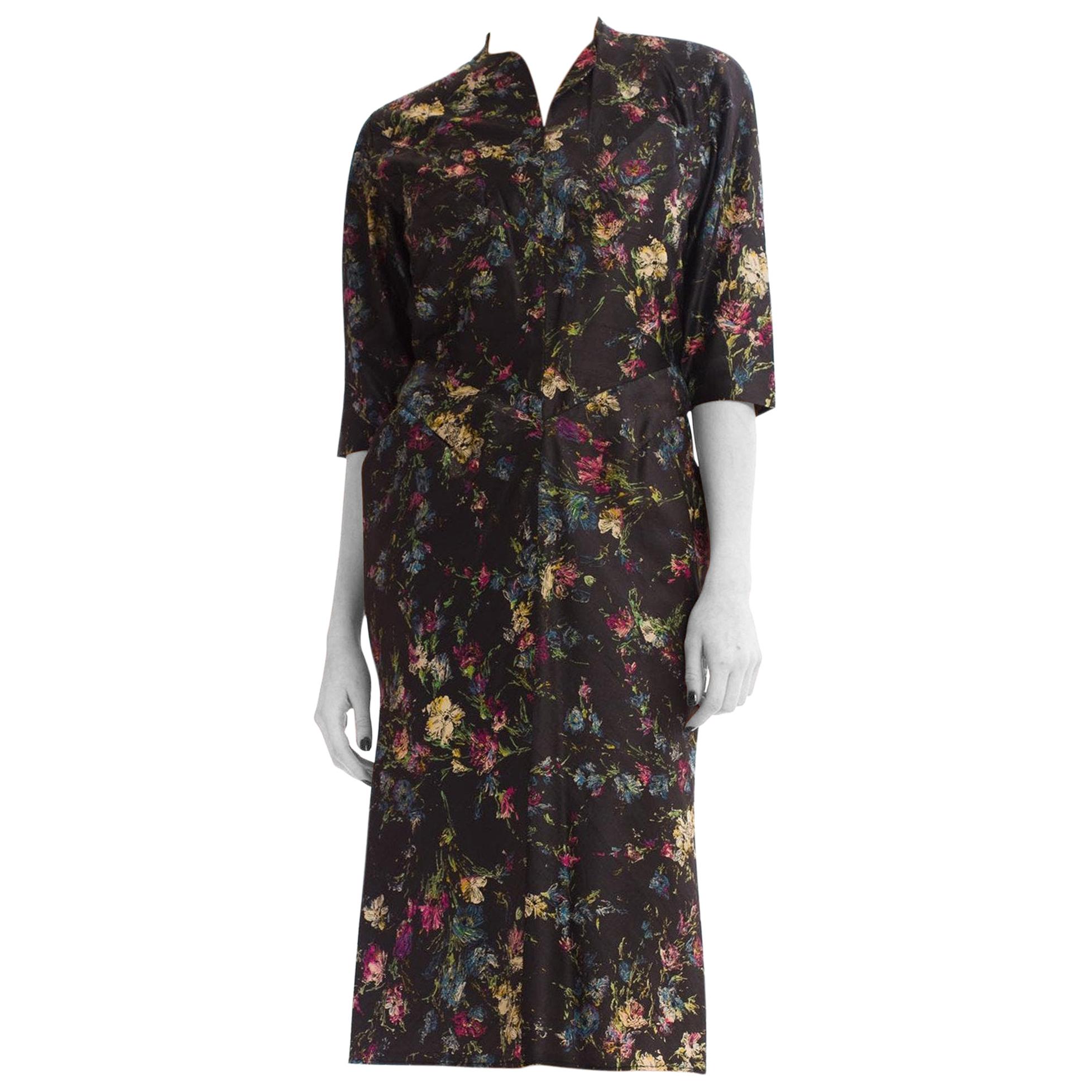 1950S Dark Grey Floral Silk Shantung Day To Night Dress With Belted Waist
