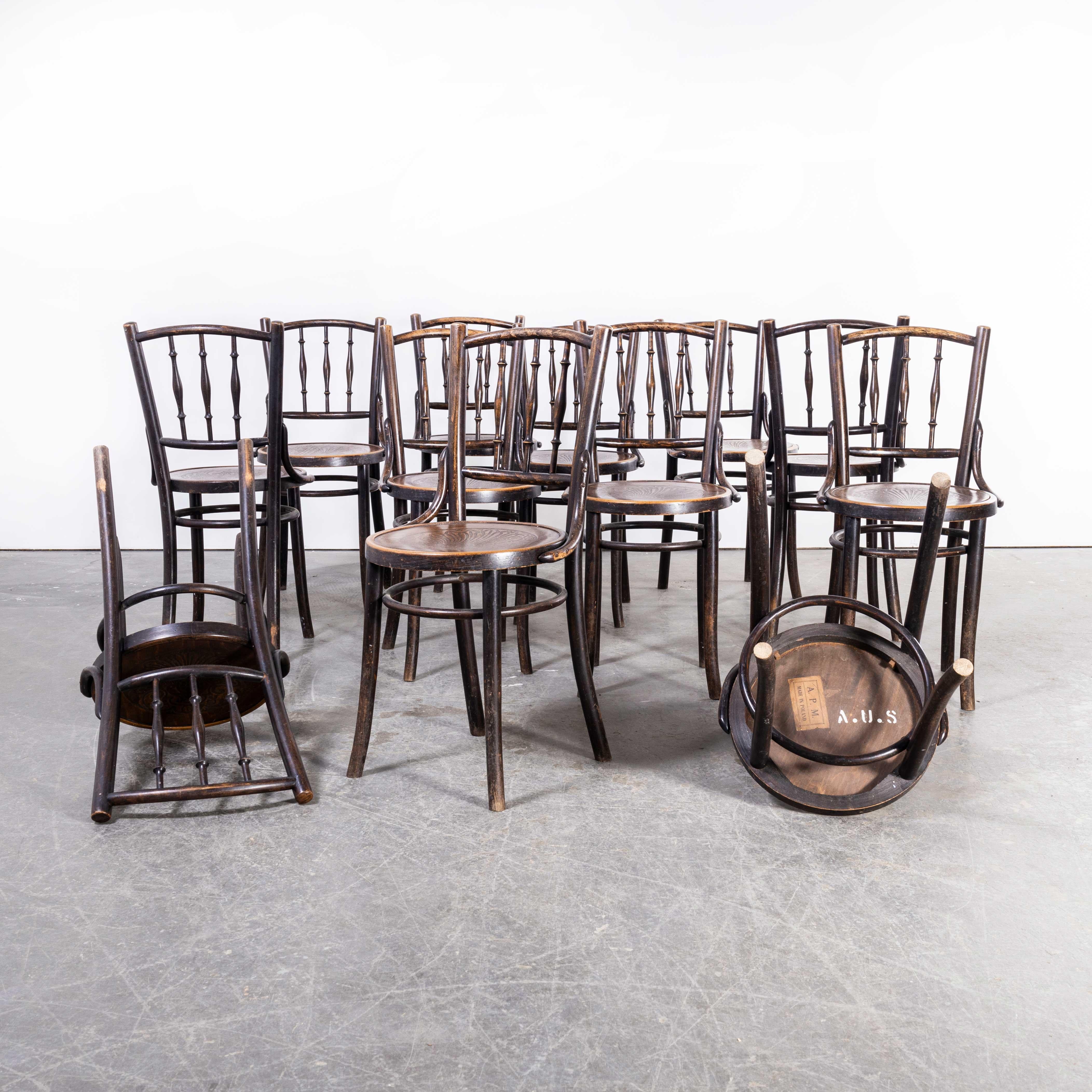 1950’s Dark Oak Bentwood Chairs By APM Poland – Set Of Twelve
1950’s Dark Oak Bentwood Chairs By APM Poland – Set Of Twelve. Classic set of stunning bentwood dining chairs by APM Poland. Sadly little is now known about this factory but it was on of