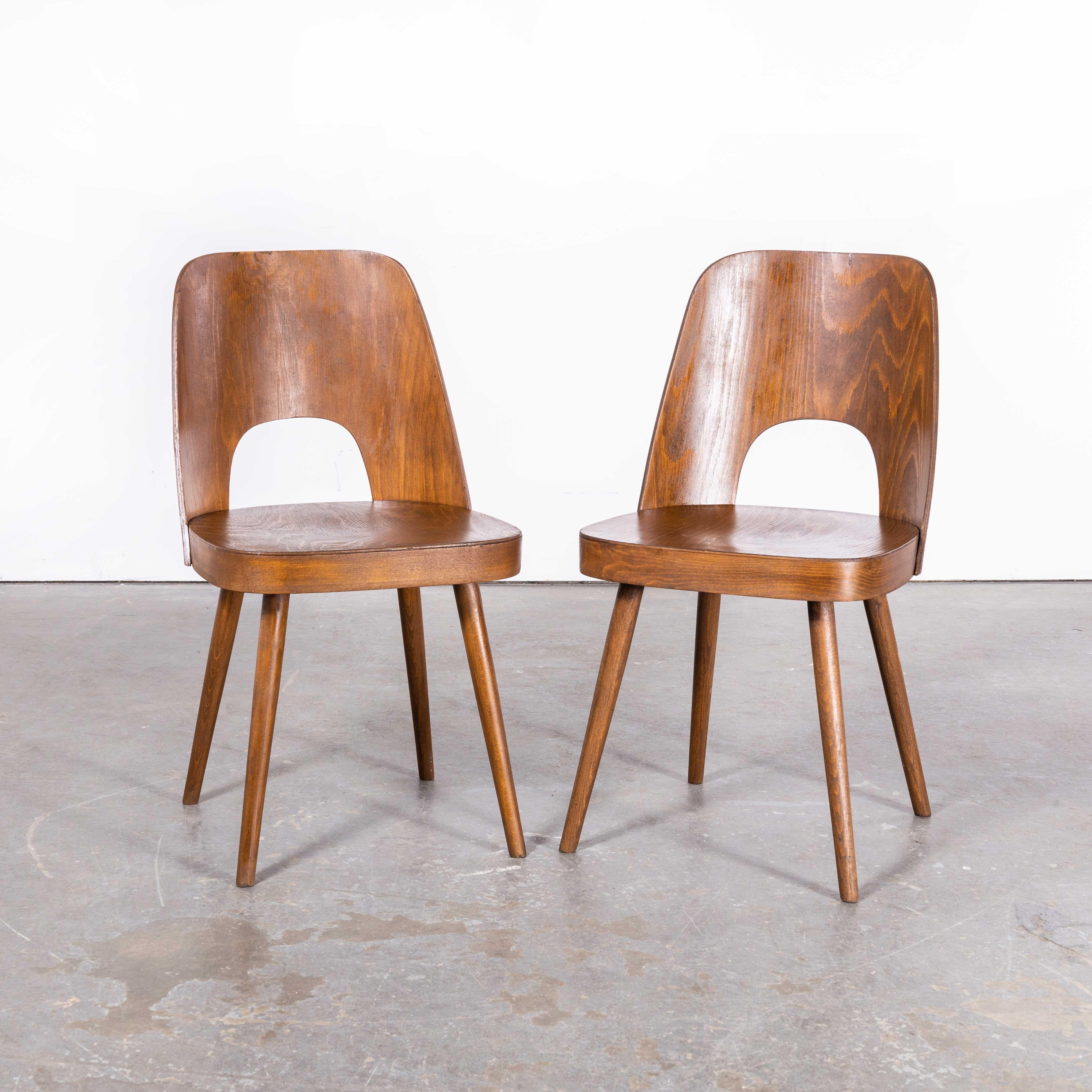 1950’s Dark Oak Dining Side Chair – Oswald Haerdtl Model 515 – Pair
1950’s Dark Oak Dining Side Chair – Oswald Haerdtl Model 515 – Pair. These chairs were produced by the famous Czech firm Ton, still trading today and producing beautiful furniture,