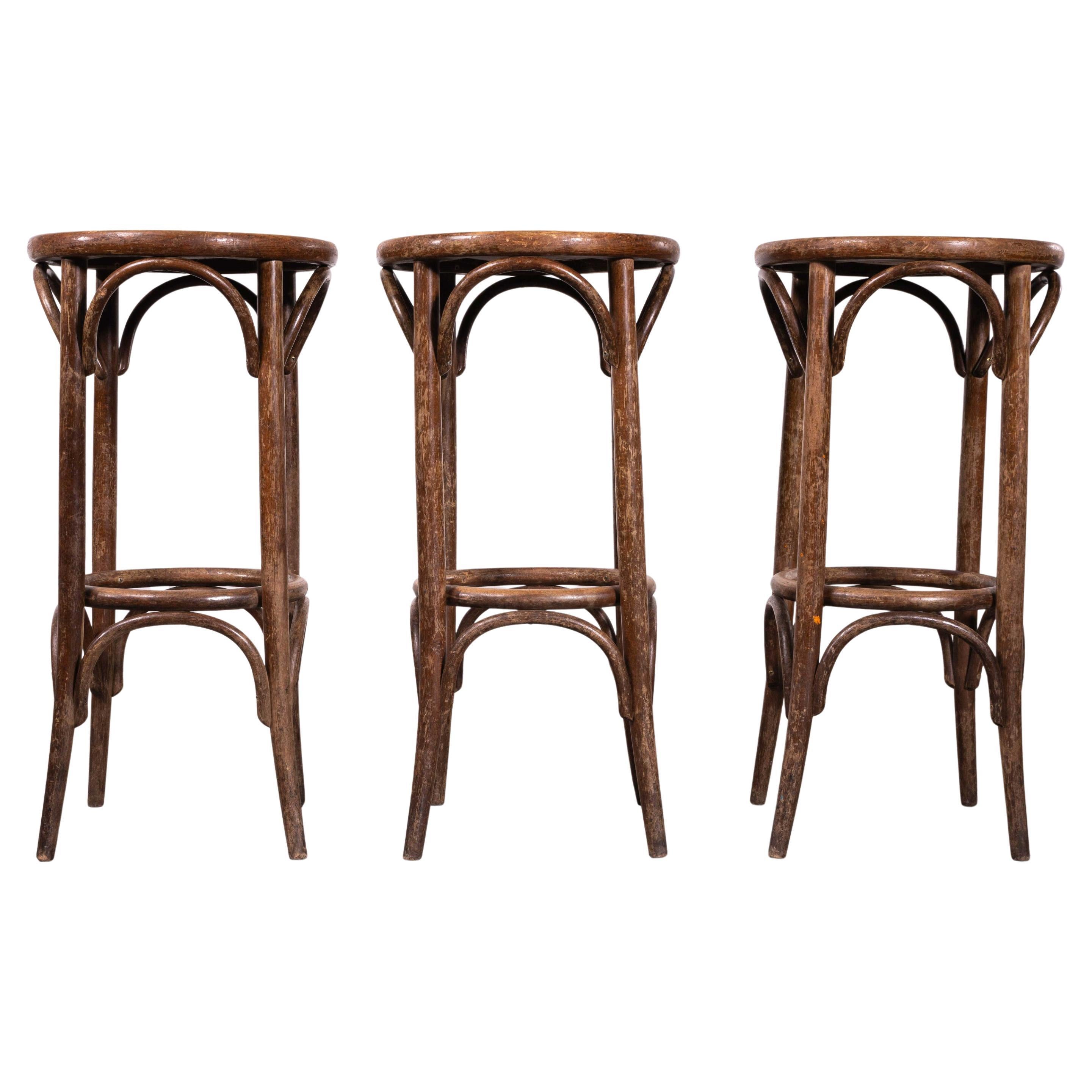 1950
s Dark Oak French Bentwood Bar Stools - Set Of Three