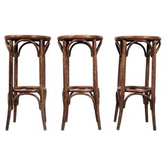 1950's Dark Oak French Bentwood Bar Stools - Set Of Three