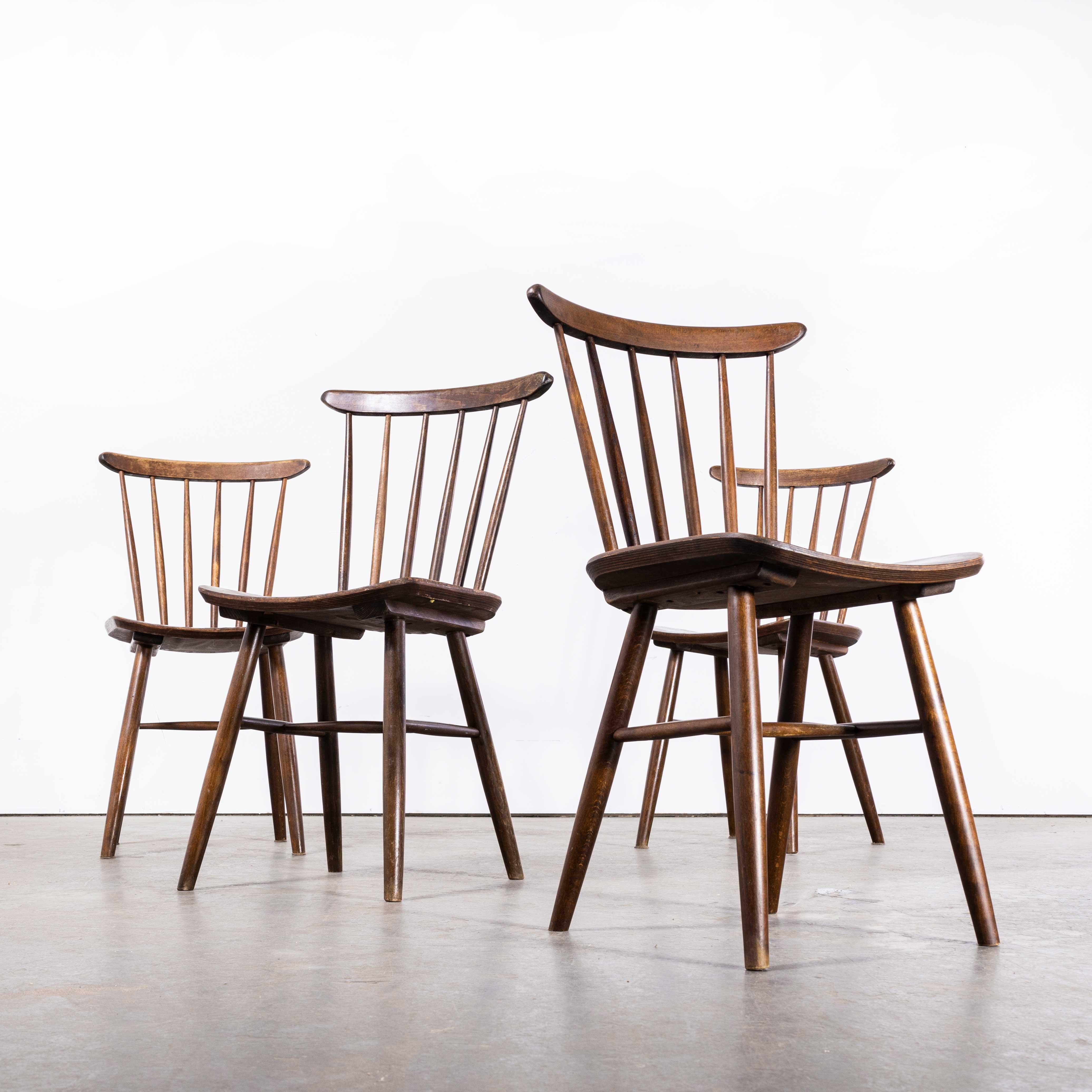 Czech 1950s Dark Walnut Stickback Chairs, Saddle Seat, by Ton, Set of Four