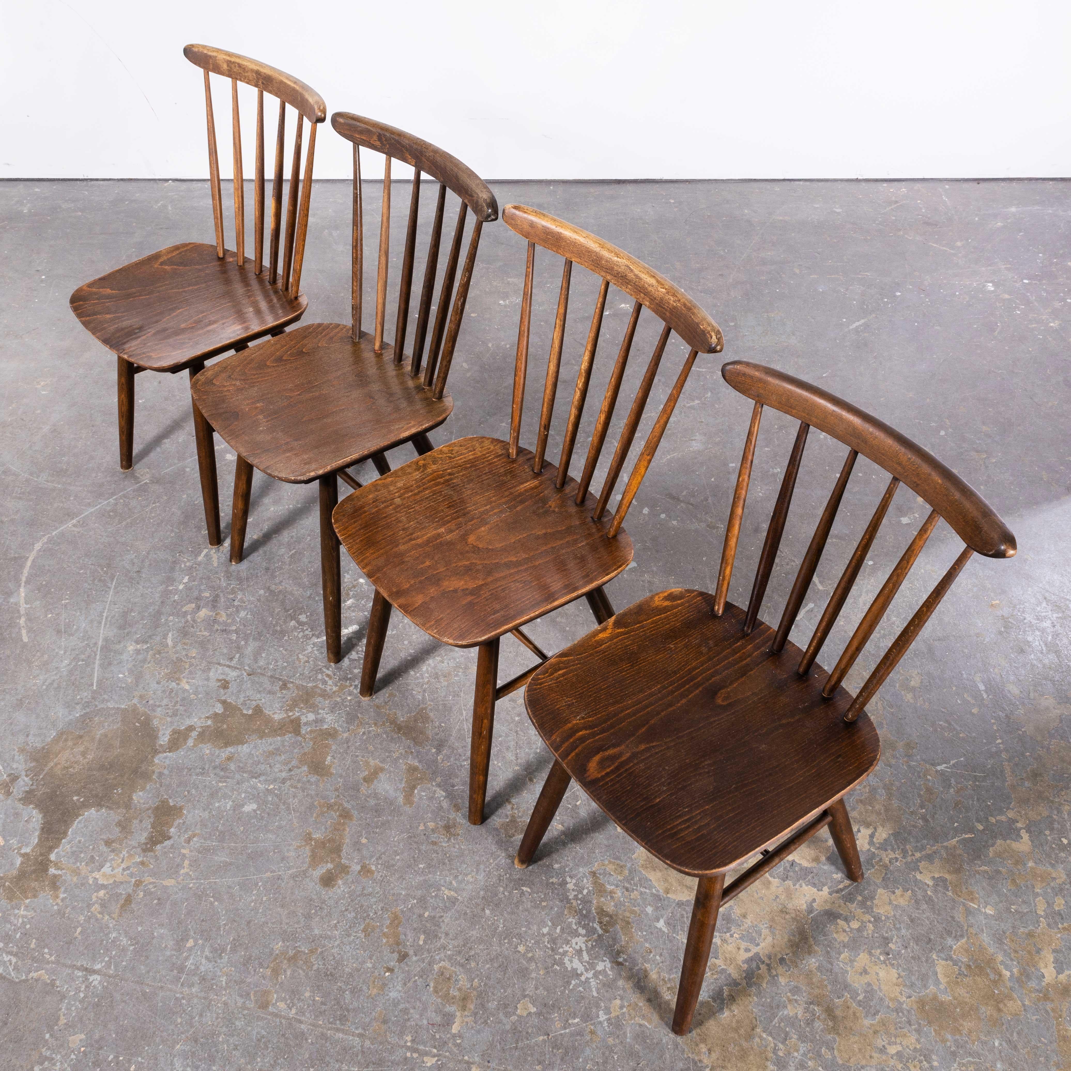 1950s Dark Walnut Stickback Chairs, Saddle Seat, by Ton, Set of Four In Good Condition In Hook, Hampshire