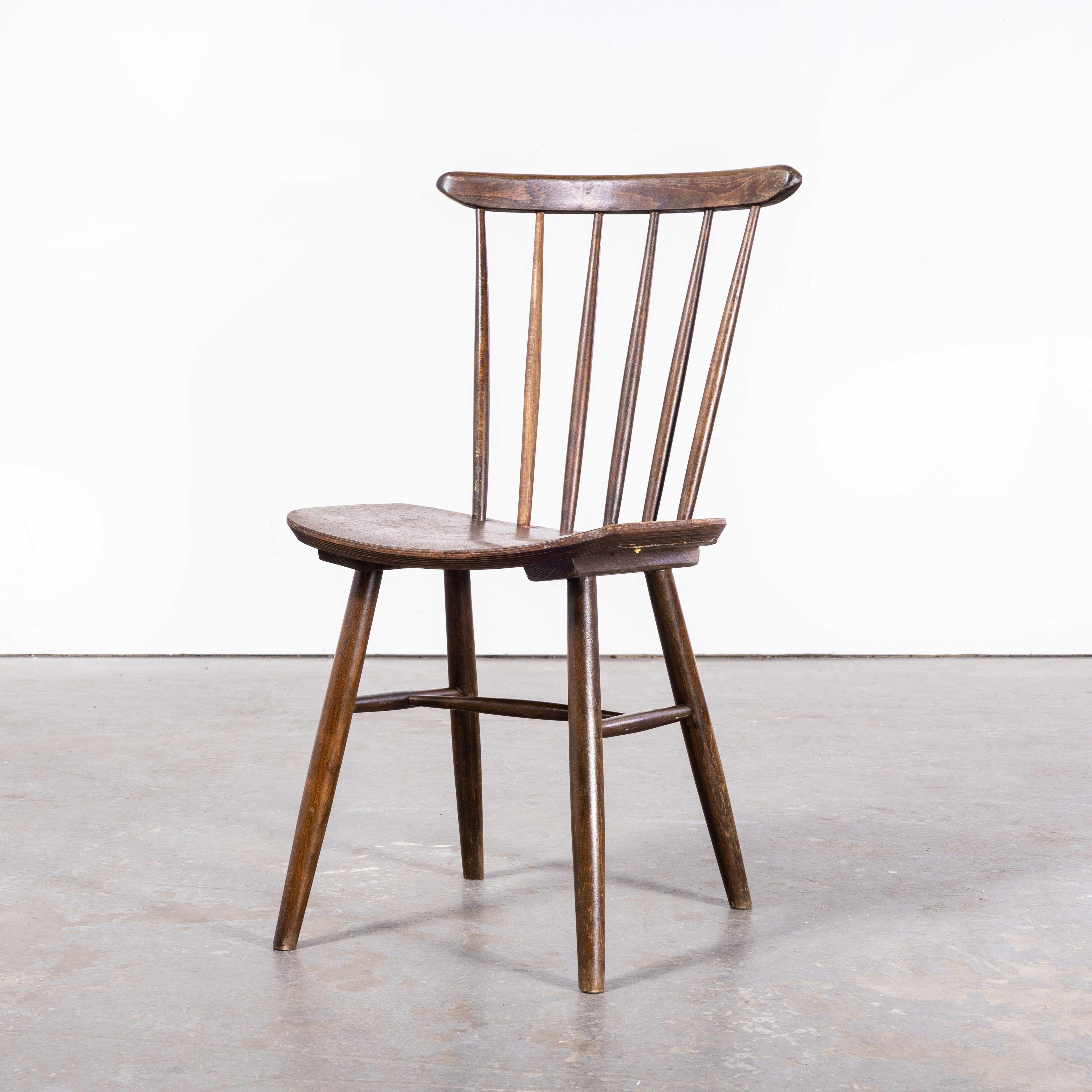 Mid-20th Century 1950s Dark Walnut Stickback Chairs, Saddle Seat, by Ton, Set of Four