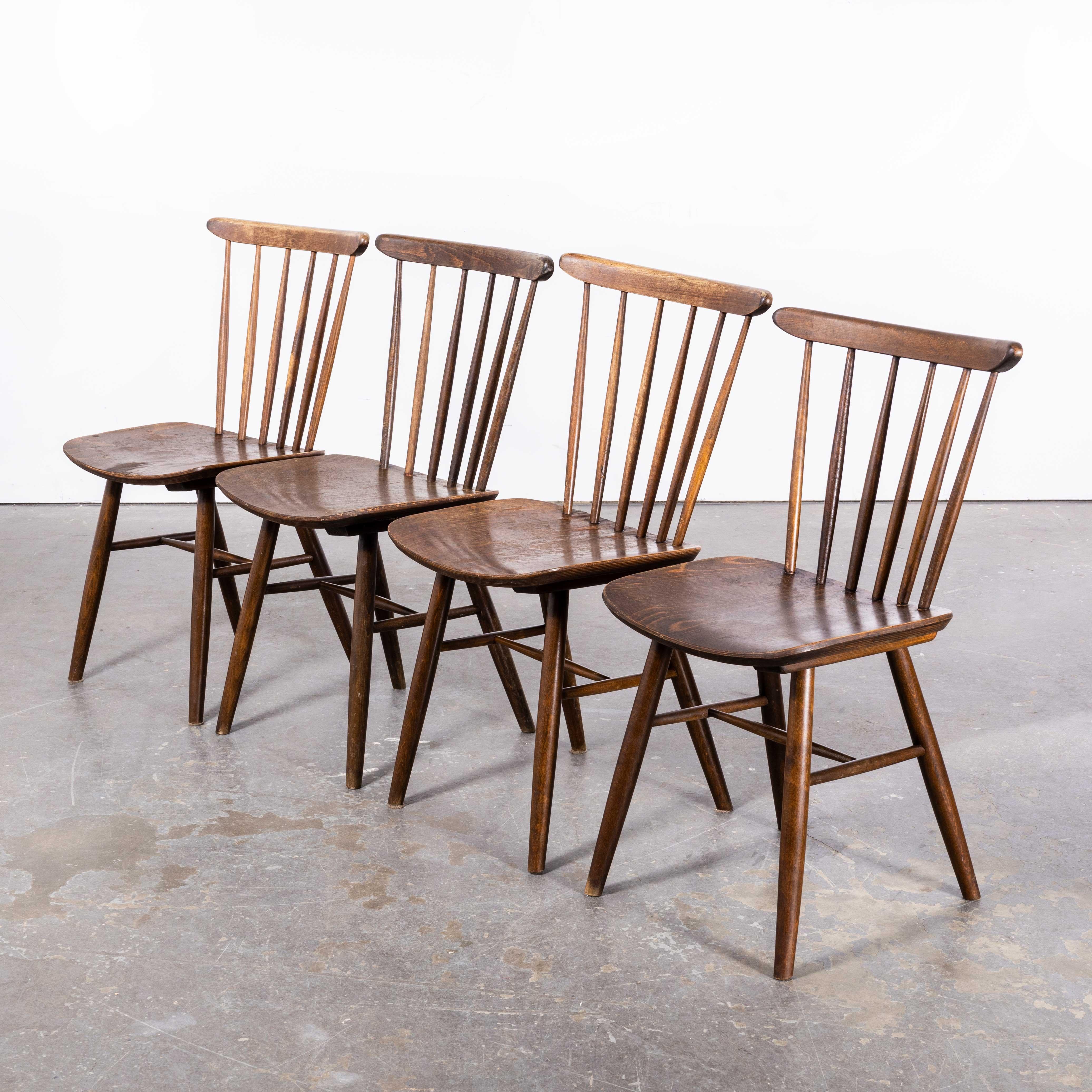 1950s Dark Walnut Stickback Chairs, Saddle Seat, by Ton, Set of Four 2