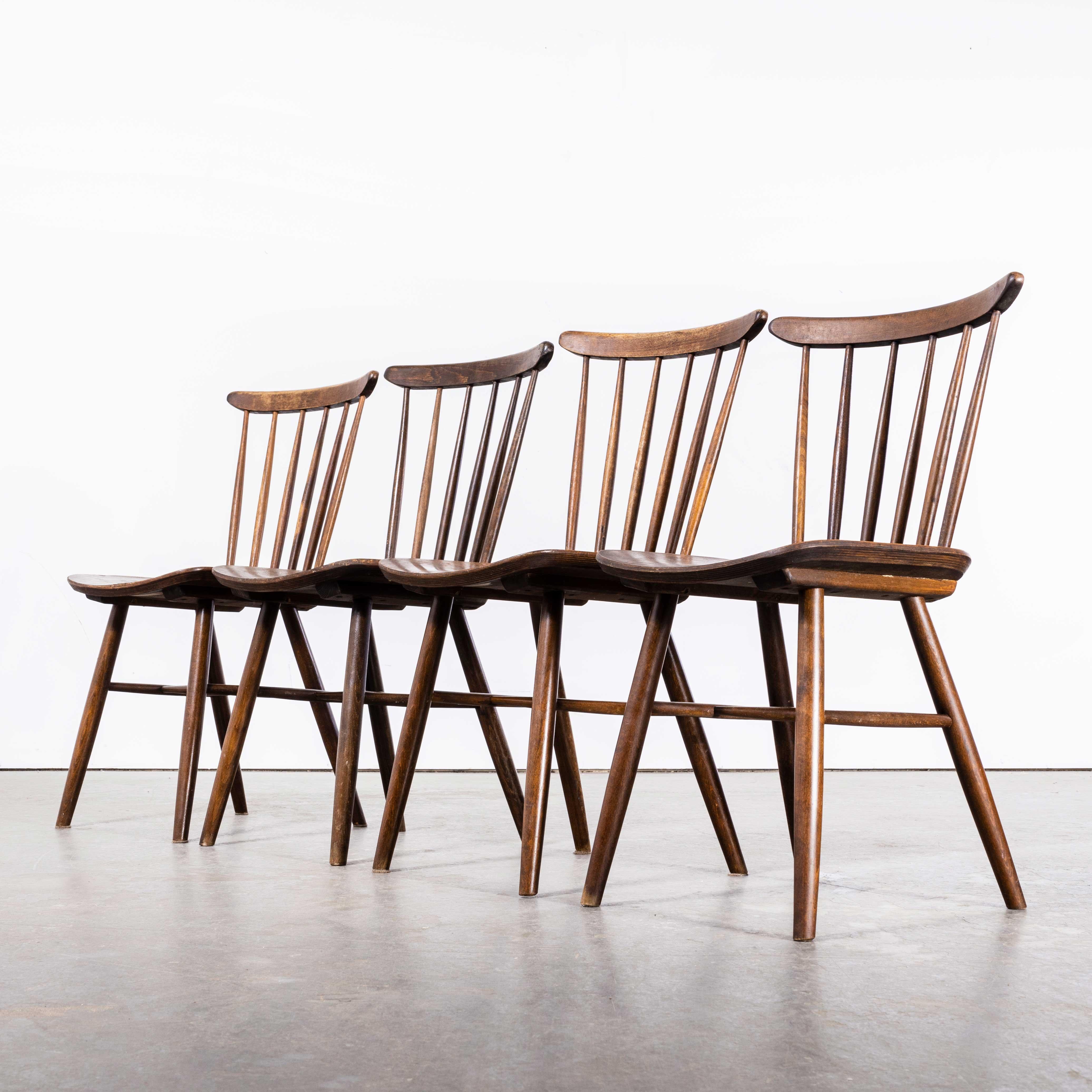 1950s Dark Walnut Stickback Chairs, Saddle Seat, by Ton, Set of Four 3