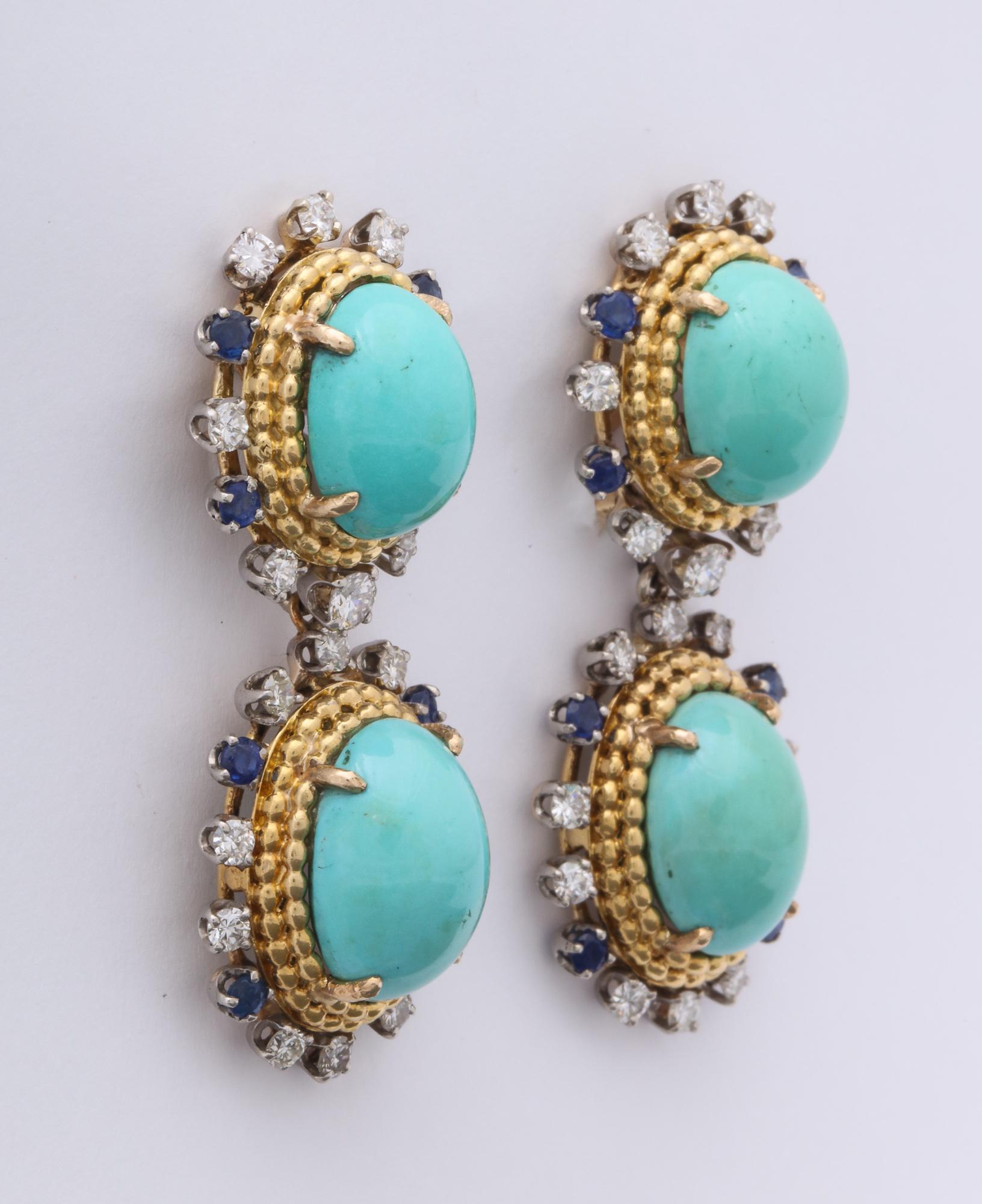 1950s Day to Night Turquoise Sapphire with Diamonds Gold Drop Earclips In Good Condition In New York, NY