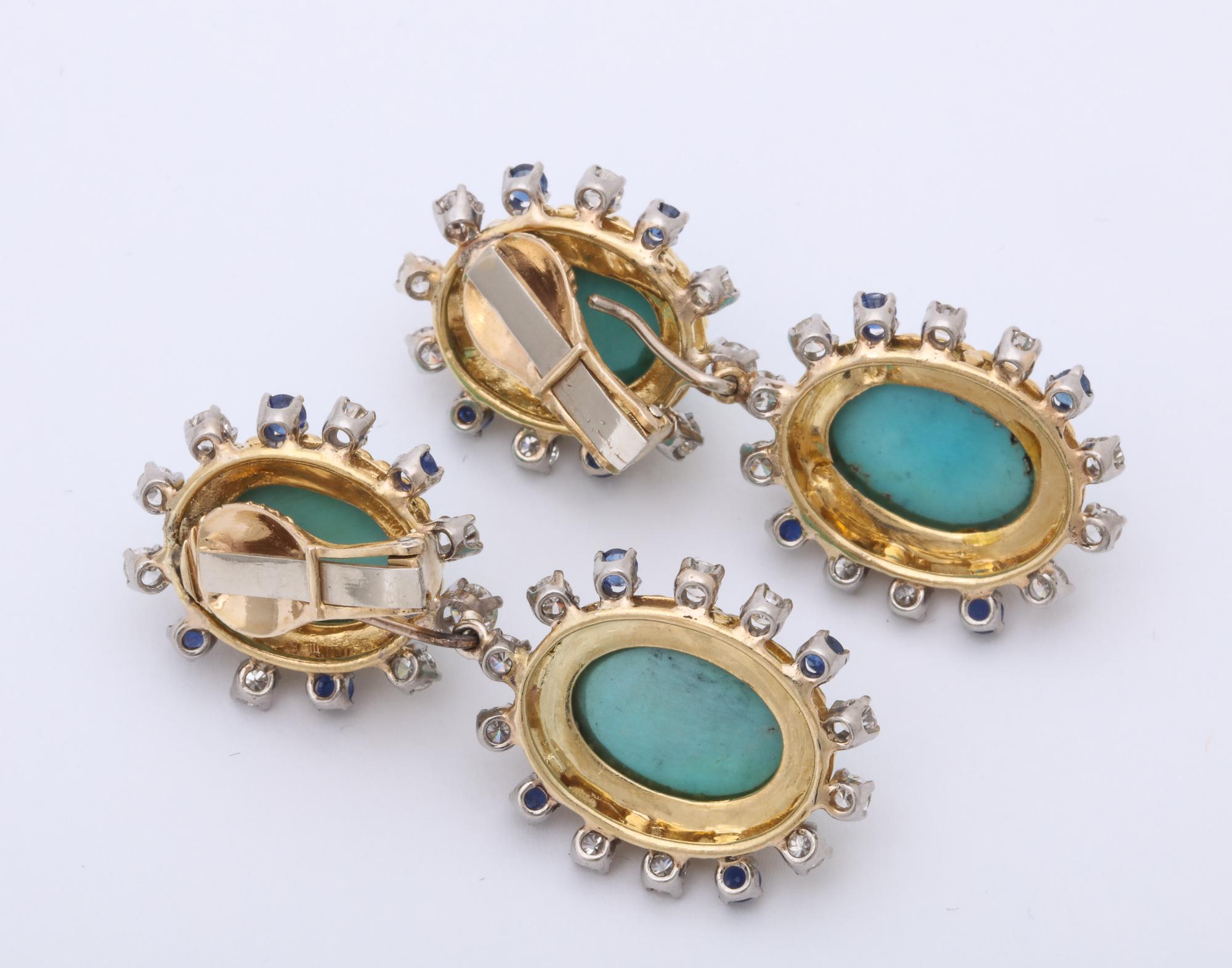 Women's 1950s Day to Night Turquoise Sapphire with Diamonds Gold Drop Earclips