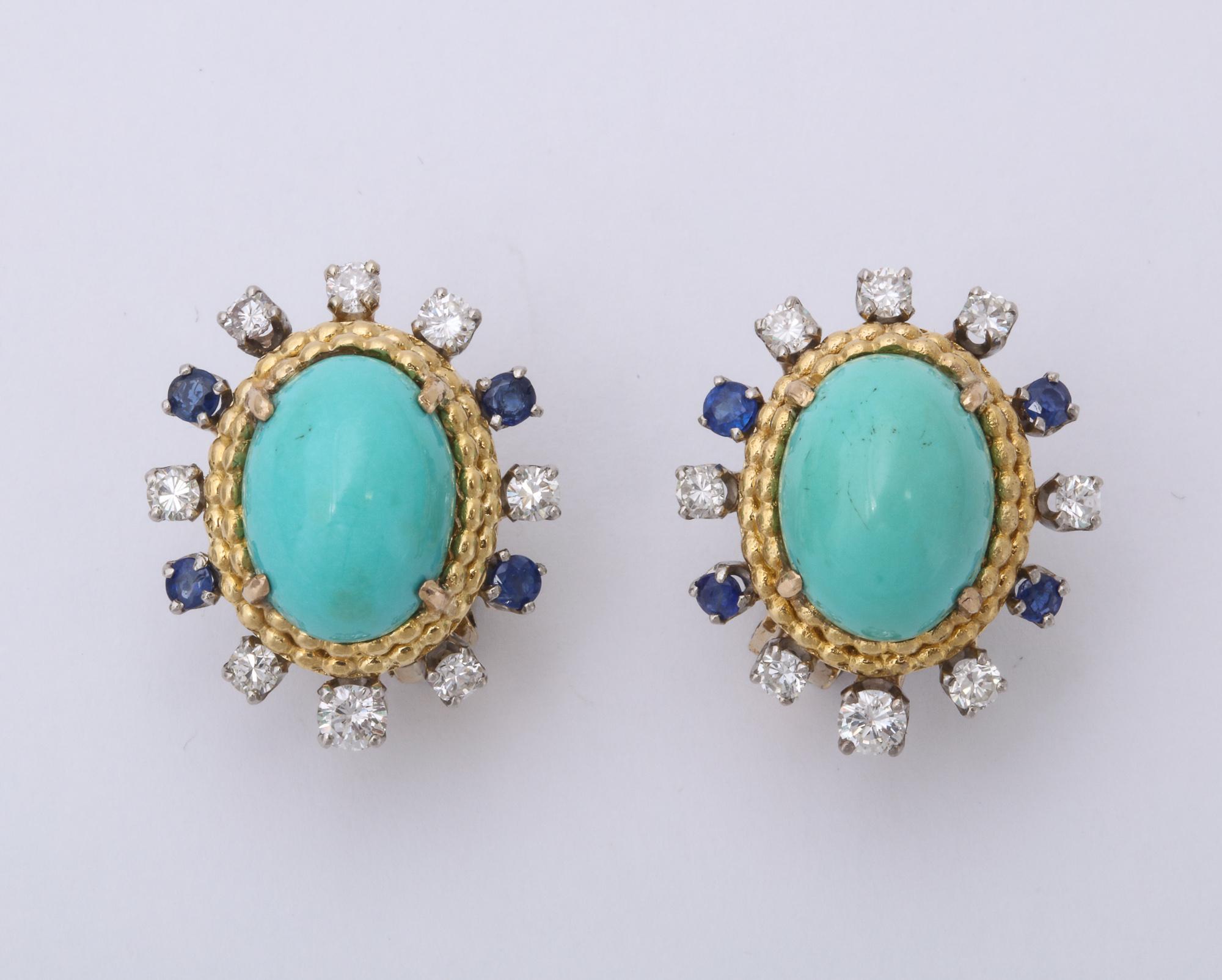 1950s Day to Night Turquoise Sapphire with Diamonds Gold Drop Earclips 1