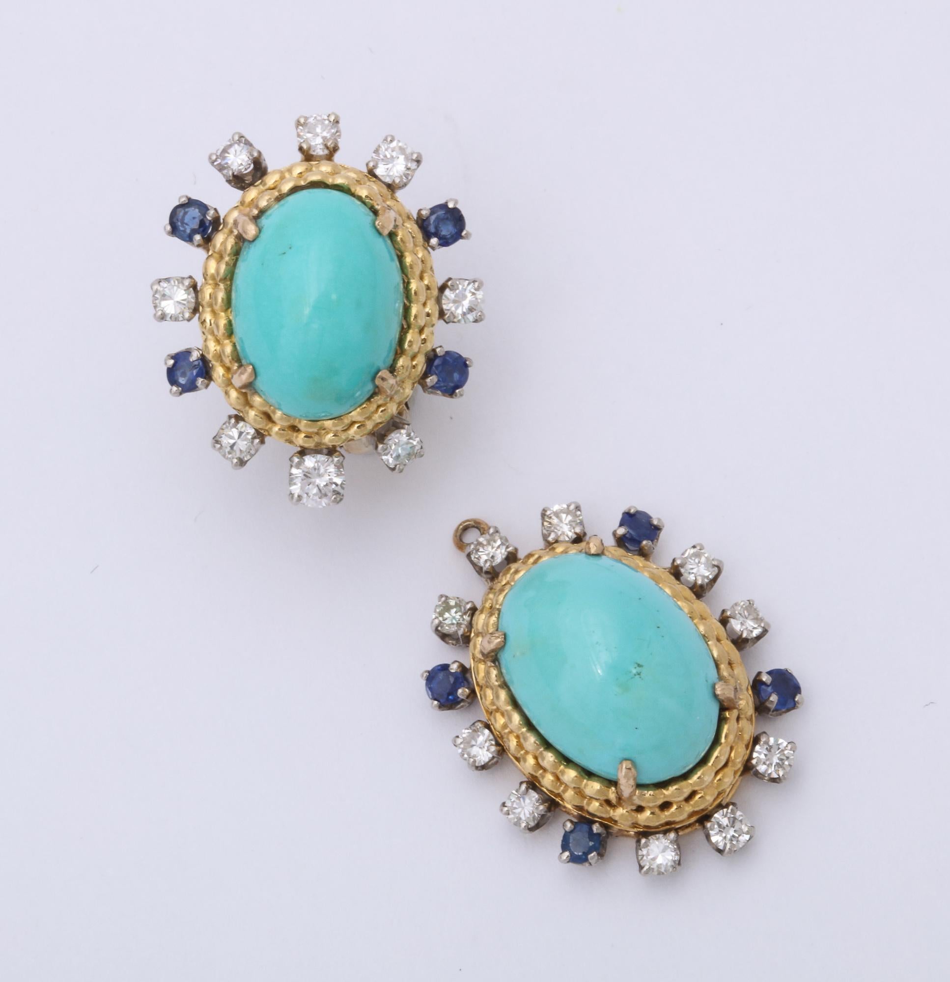 1950s Day to Night Turquoise Sapphire with Diamonds Gold Drop Earclips 2