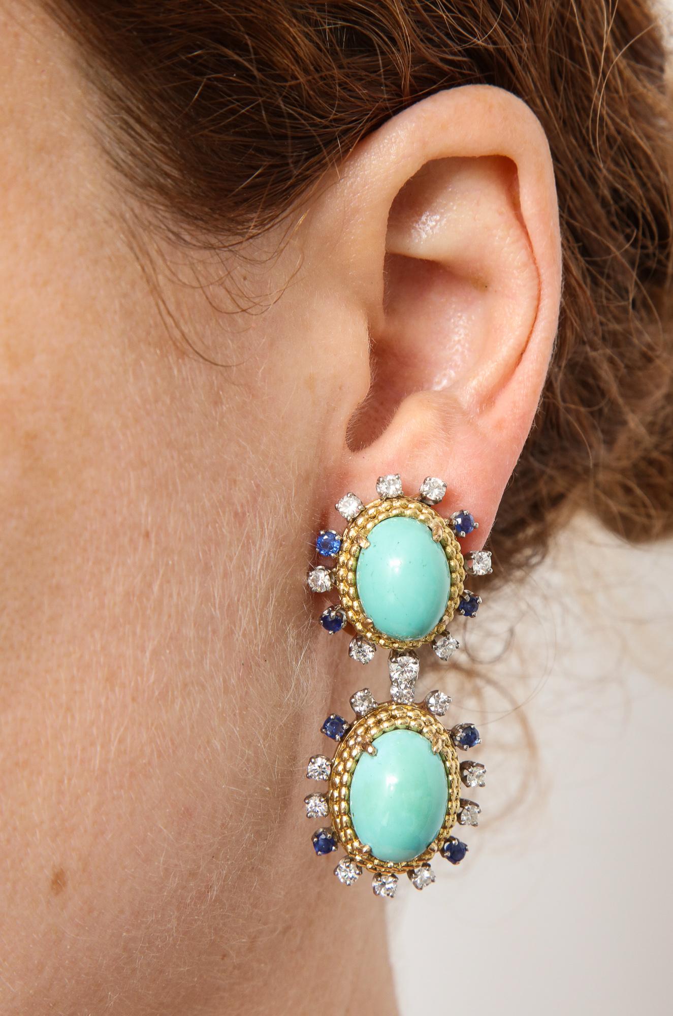1950s Day to Night Turquoise Sapphire with Diamonds Gold Drop Earclips 3