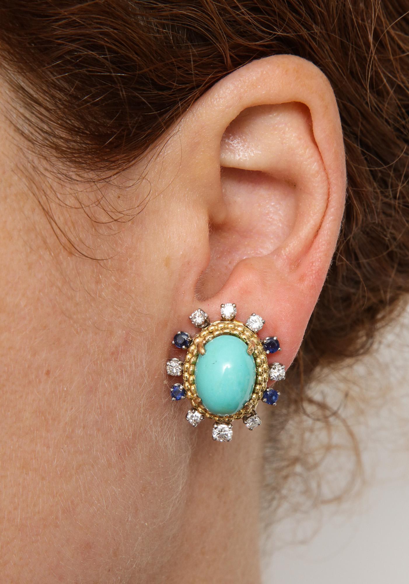 1950s Day to Night Turquoise Sapphire with Diamonds Gold Drop Earclips 4