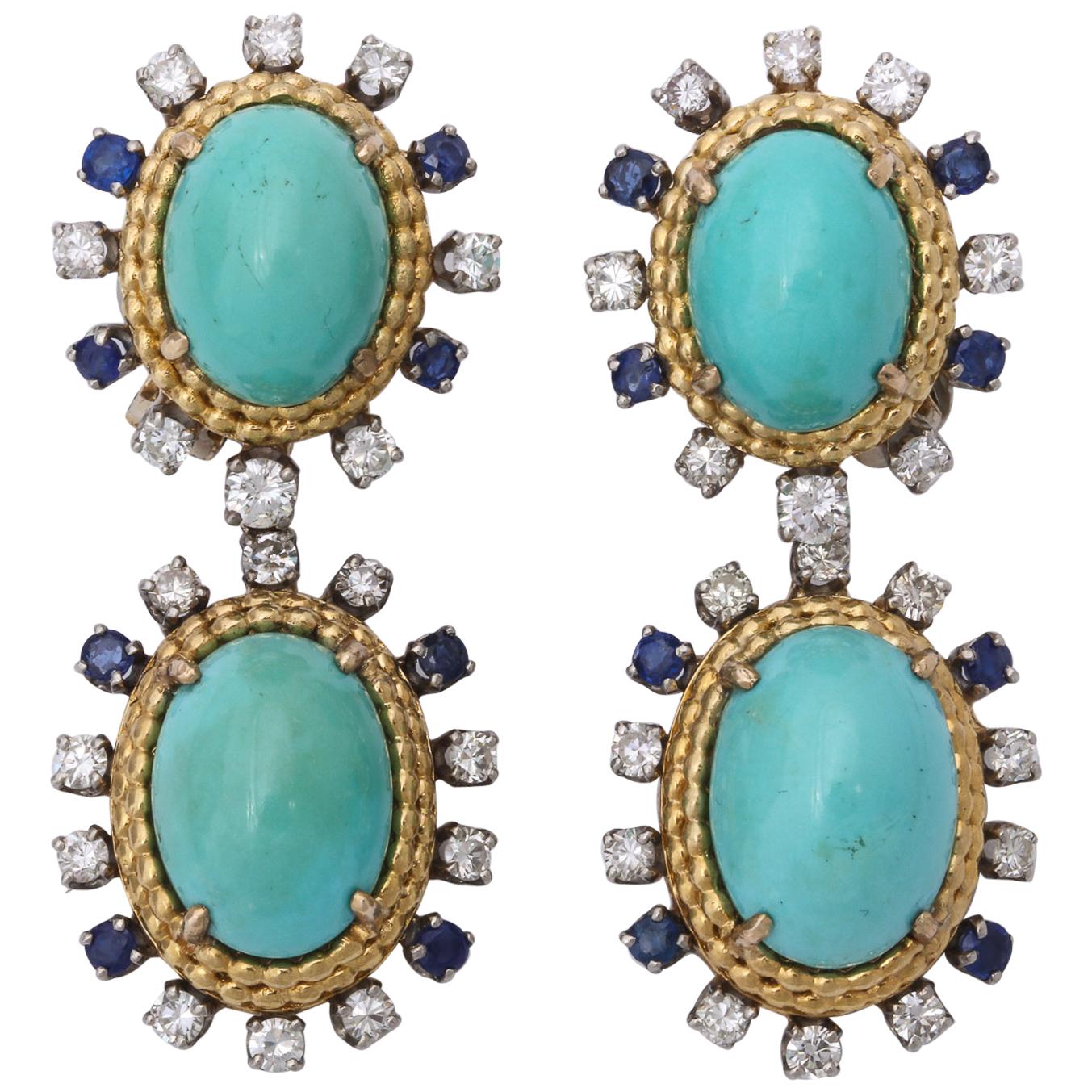 1950s Day to Night Turquoise Sapphire with Diamonds Gold Drop Earclips