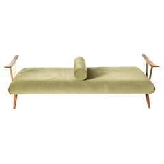 1950s Daybed in Wood, Brass and Velvet Green Fabric