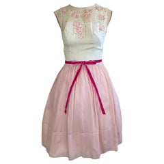 1950s Deadstock Pink Ivory Beaded Floral Party Dress XS 00 0 Full Skirt 50s New