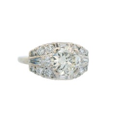 1950s Deco 14k White Gold and Round/Baguette Diamond Ring