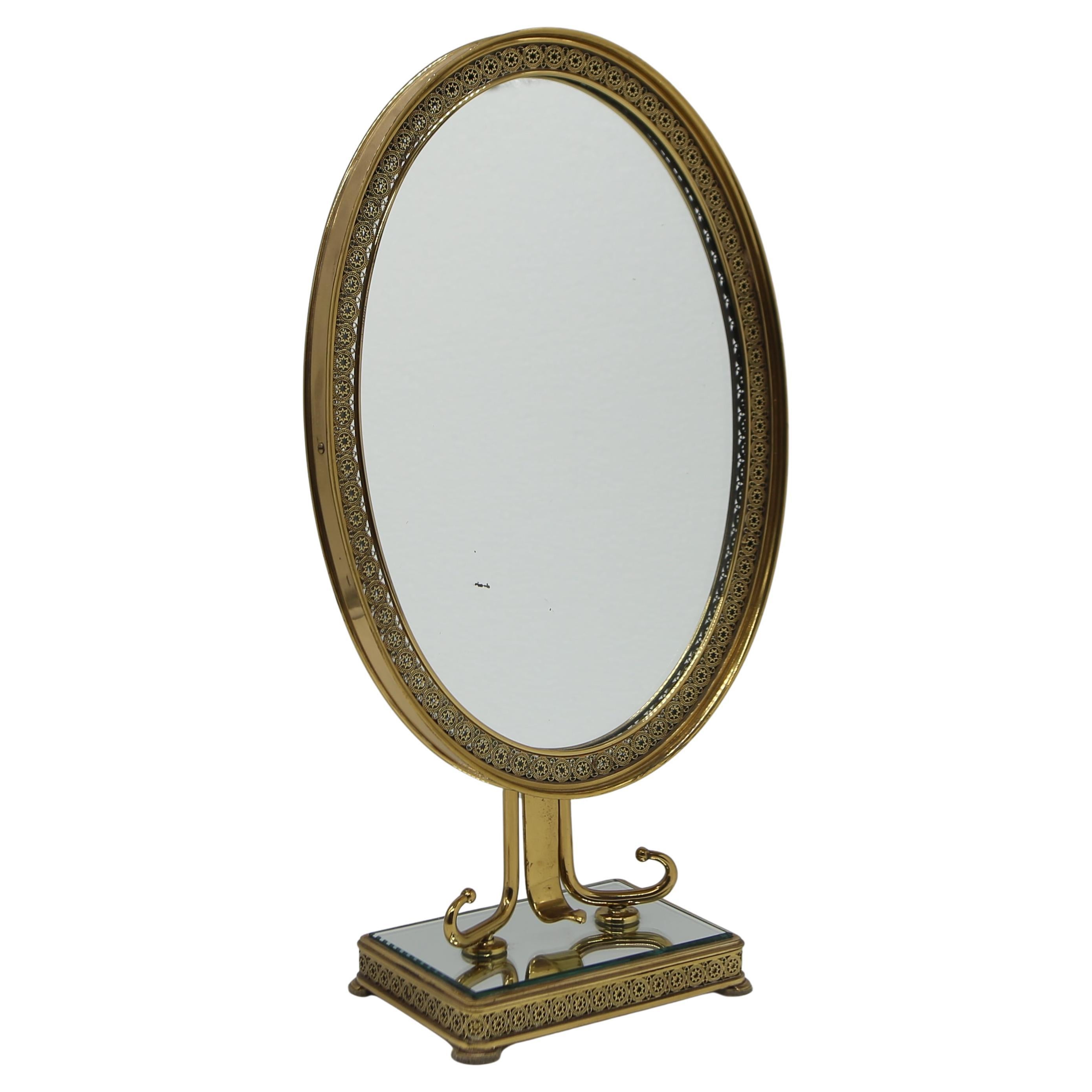 1950s Decorated Brass Table Mirror Made in Italy For Sale