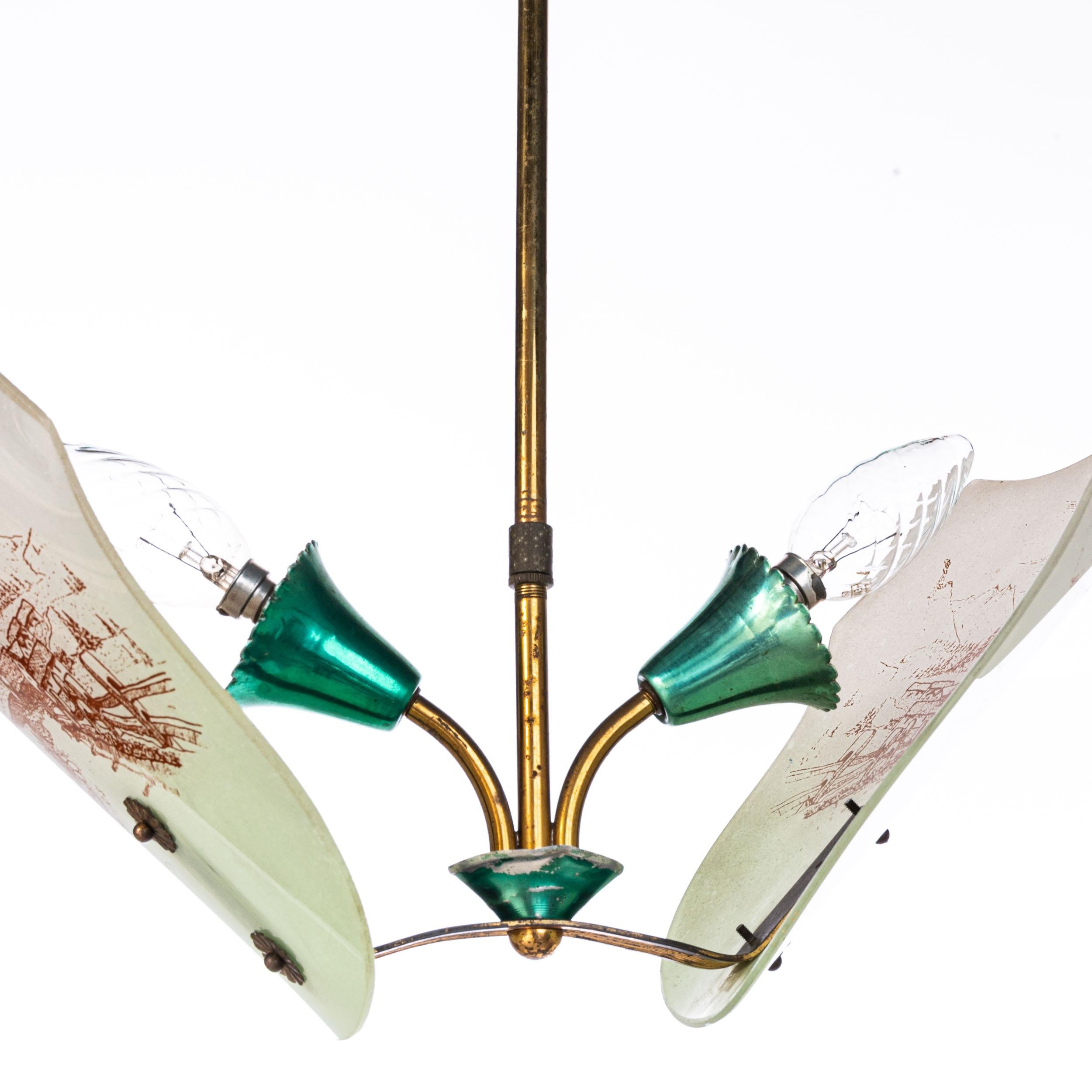 20th Century 1950's Decorated Glass, Aluminium & Brass Italian Pendant For Sale