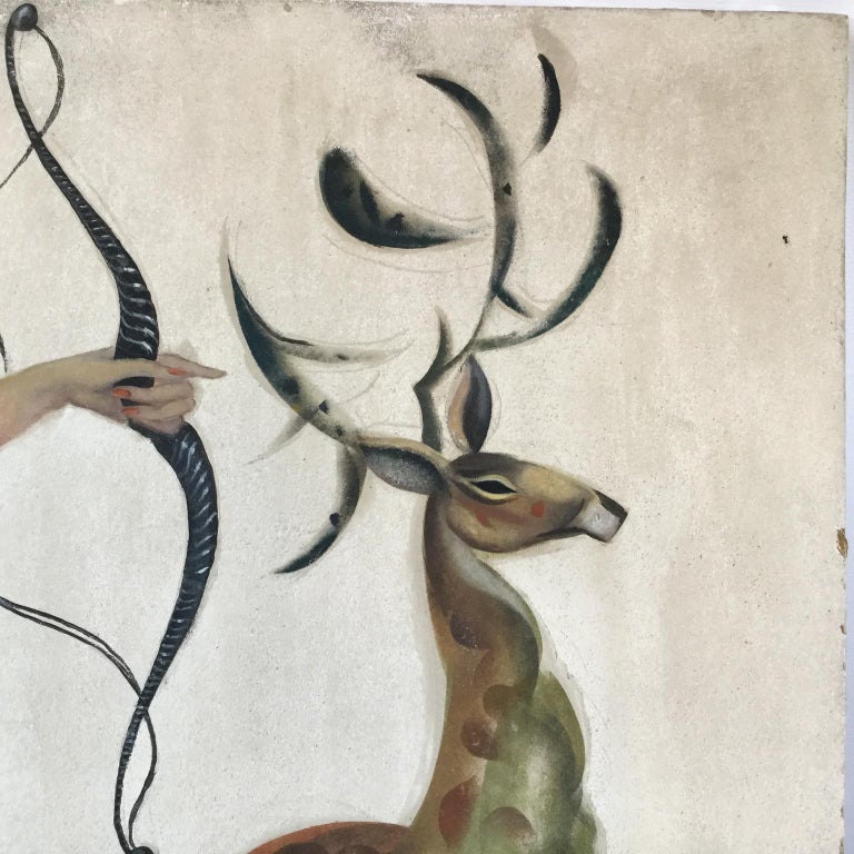 1950s Decorative Art Nude Painting On Masonite Panel In A Style Of
