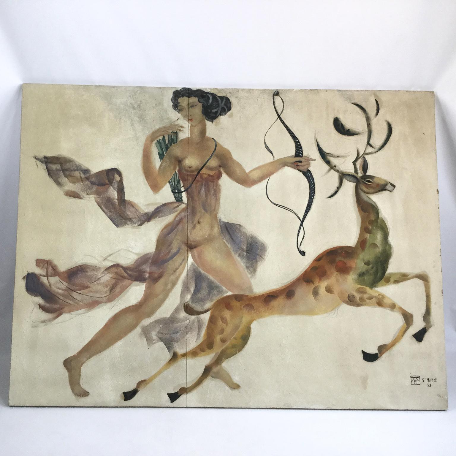 Wall decorative nude painting, on a large panel from the early 1950s in an Art Deco style.
Representing the goddess 