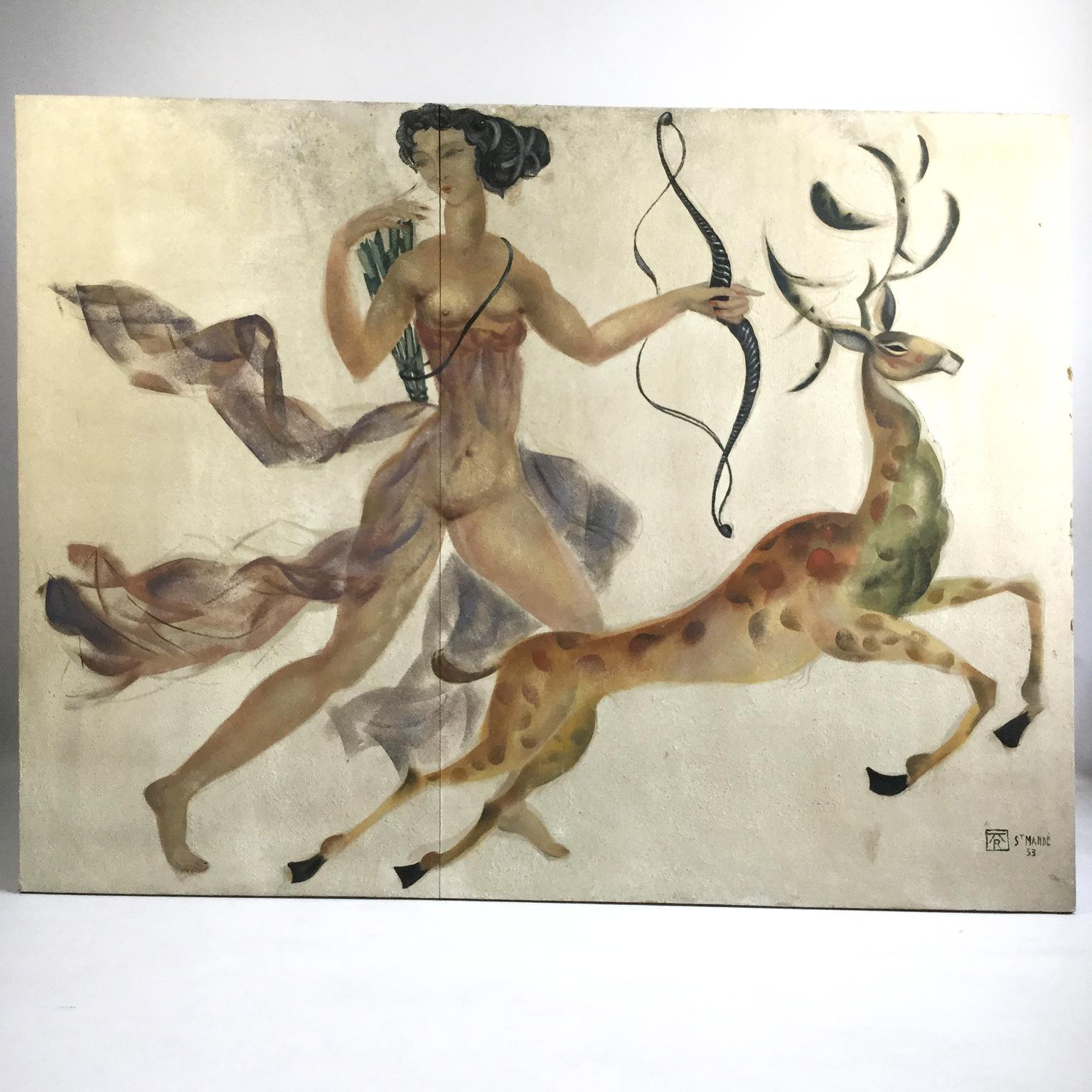 French 1950s Decorative Art Nude Painting on Masonite Panel in a Style of Art Deco