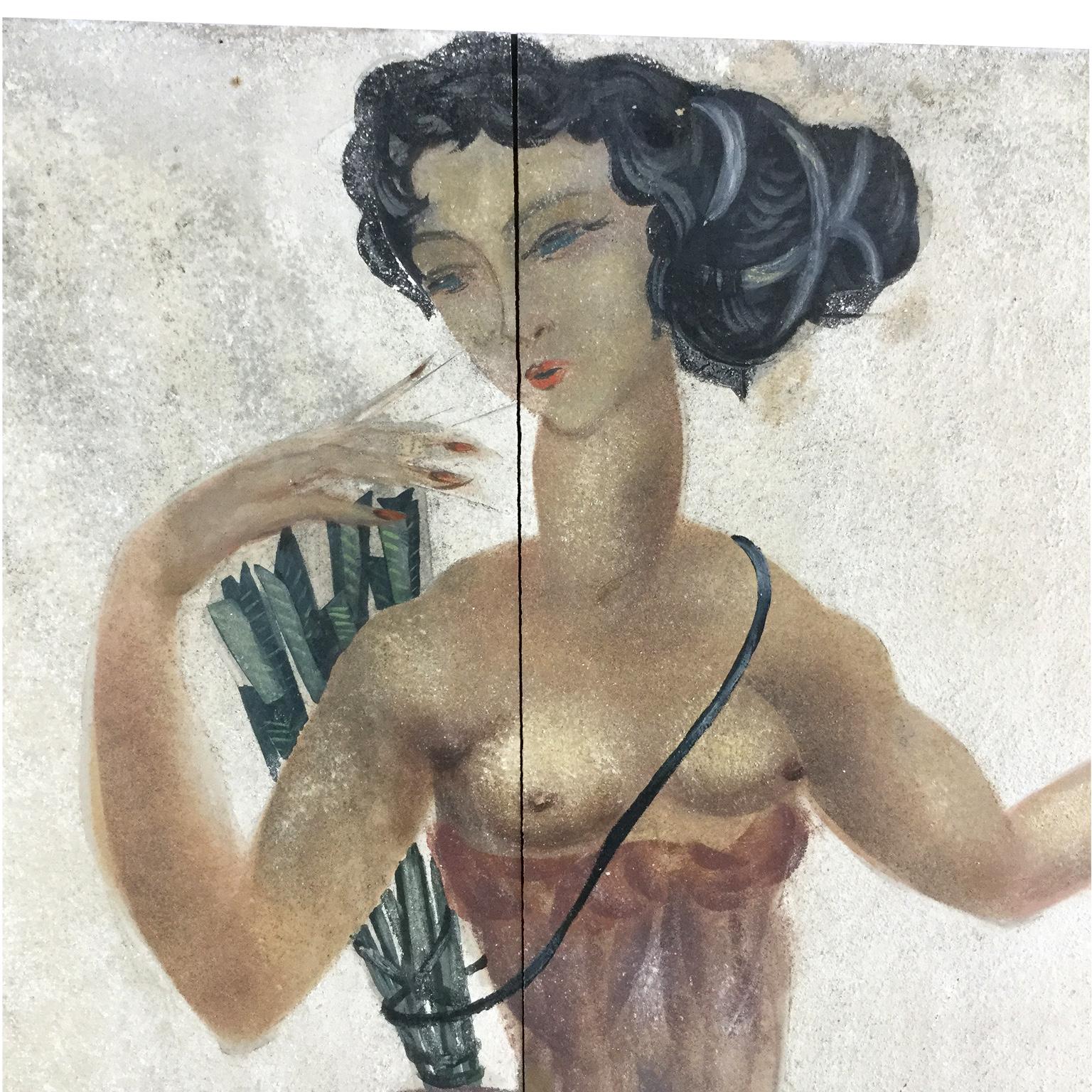 Hand-Painted 1950s Decorative Art Nude Painting on Masonite Panel in a Style of Art Deco