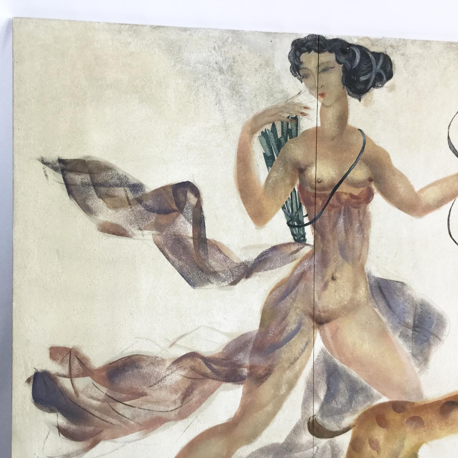1950s Decorative Art Nude Painting on Masonite Panel in a Style of Art Deco 2