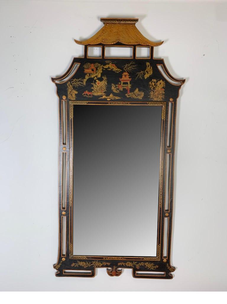 1950s decorative chinoiserie hand painted Asian style mirror
Black background with pagoda shaped formed top, great accent mirror
Dimensions: 23.5 W X 46.5